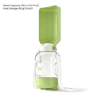 Portable dog and cat water and food bottle with 1100 mL (37 fl oz) water capacity and 160 g (5.6 oz) food storage.