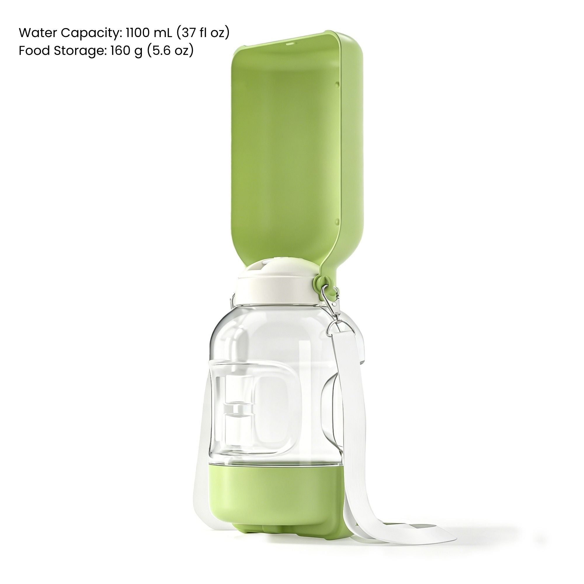 Portable dog and cat water and food bottle with 1100 mL (37 fl oz) water capacity and 160 g (5.6 oz) food storage.
