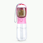 Pink 2-in-1 portable pet water bottle with built-in food container for dogs and cats