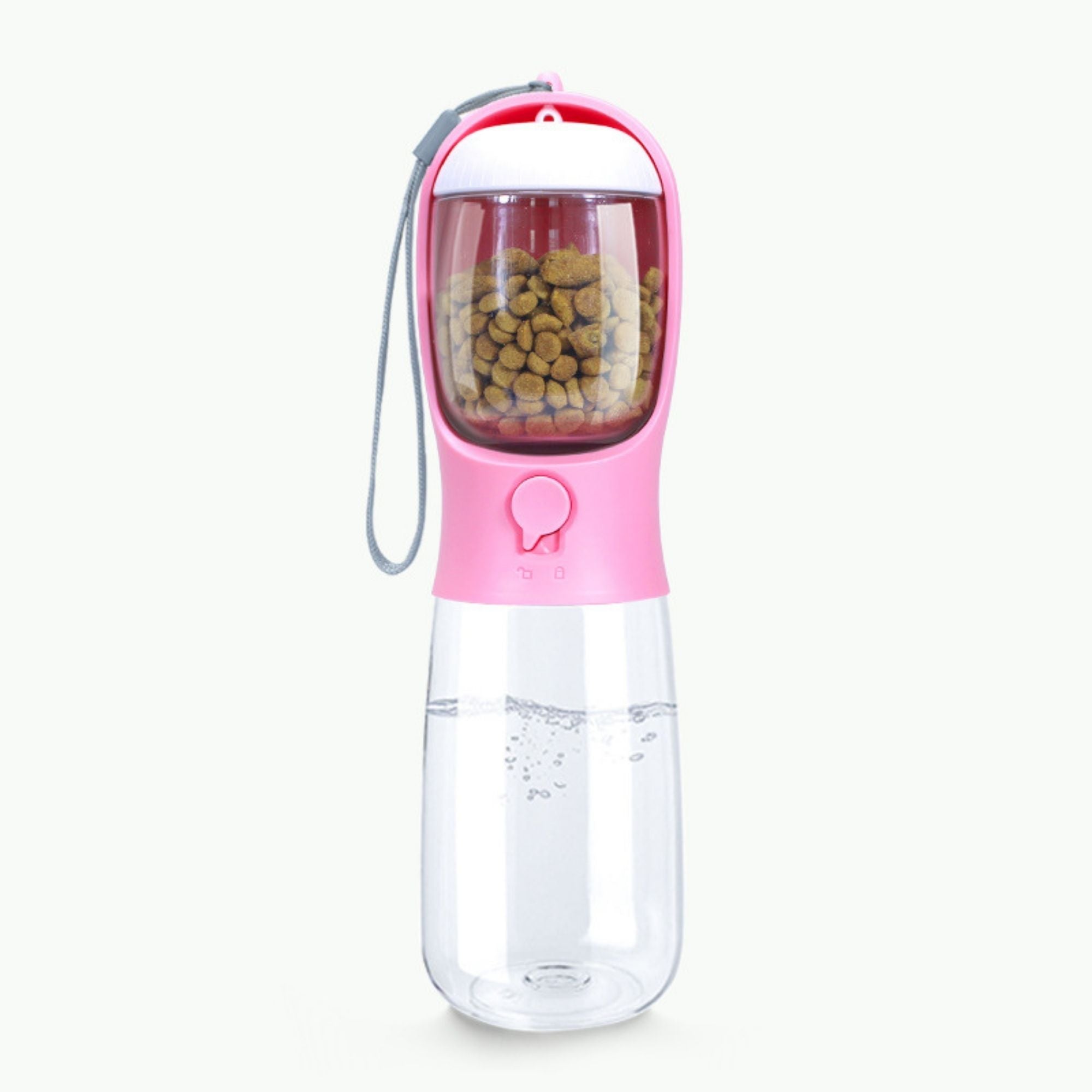 Pink 2-in-1 portable pet water bottle with built-in food container for dogs and cats