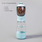 3-in-1 portable travel bottle for dogs and cats with food storage, water bottle, and built-in waste bag dispenser.