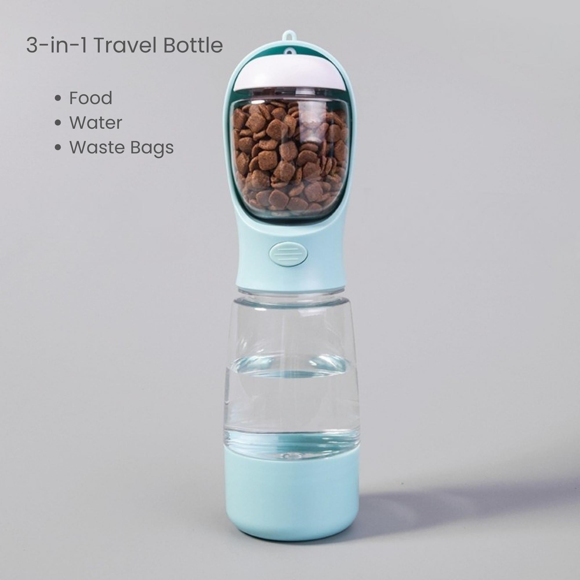 3-in-1 portable travel bottle for dogs and cats with food storage, water bottle, and built-in waste bag dispenser.