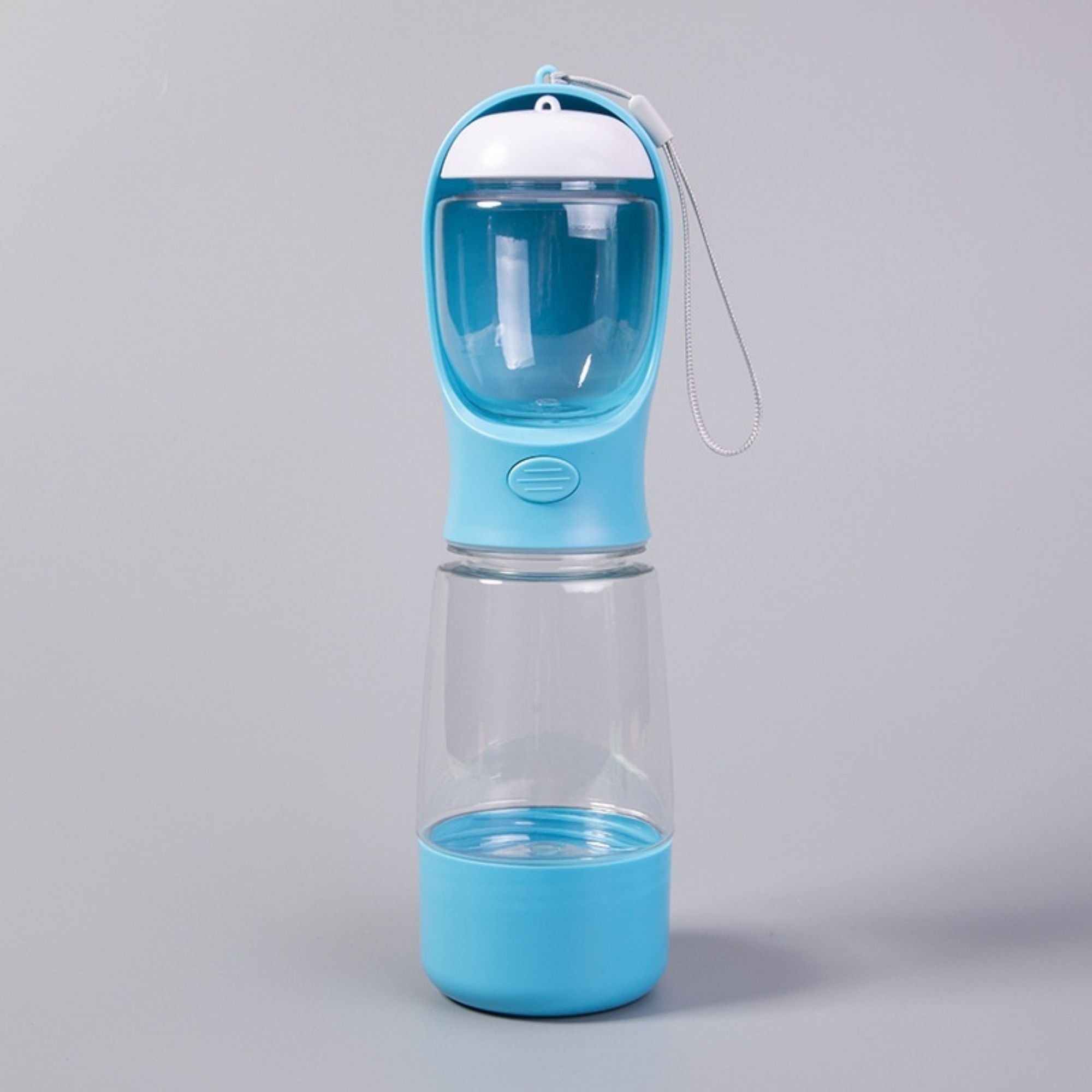 Blue 3-in-1 portable dog & cat travel bottle with food container, water bottle and built-in drinking bowl.