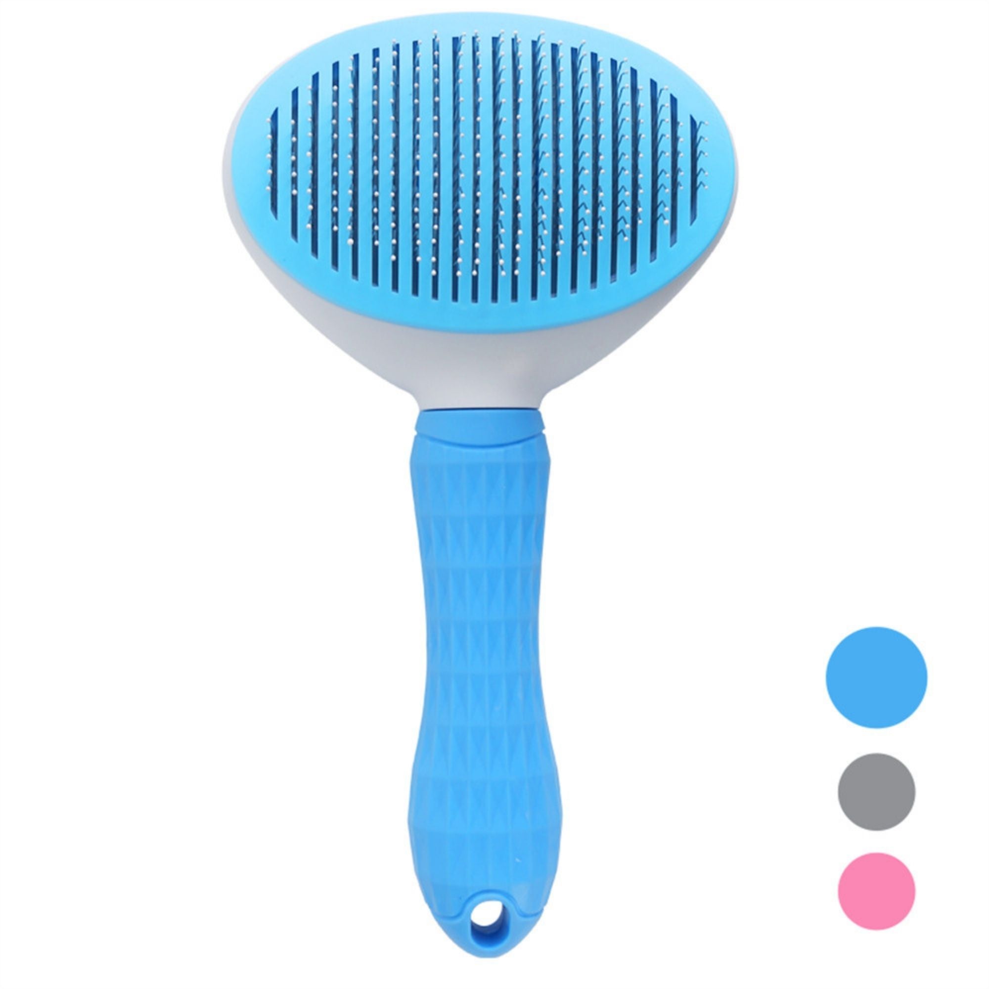 Blue oval pet slicker brush with fine needle pins.
