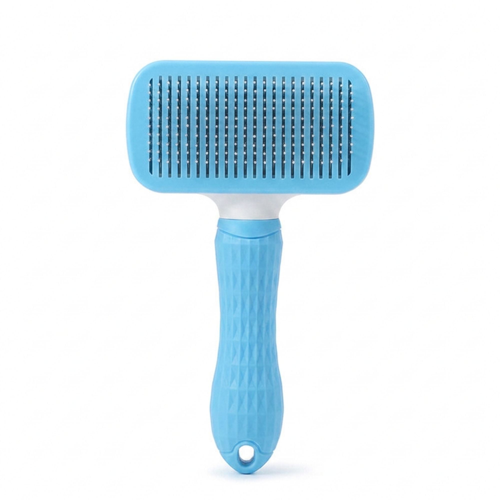 Blue rectangle self-cleaning slicker brush with fine stainless steel pins.