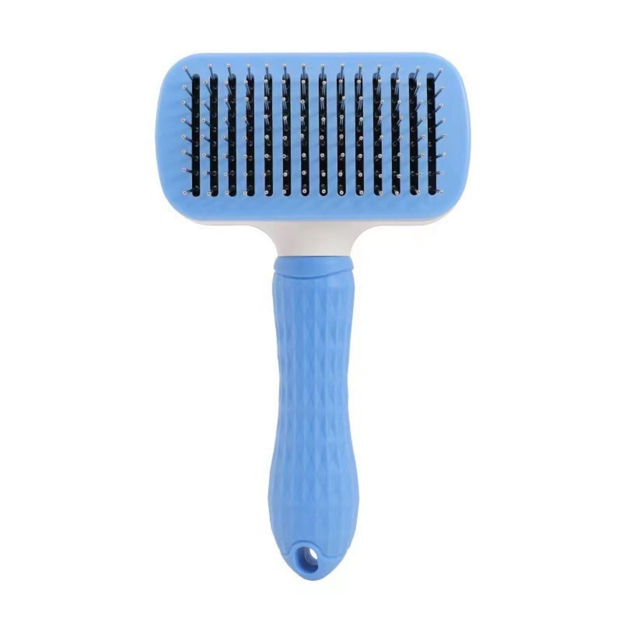 Blue rectangle thick needle self-cleaning pet slicker brush front view