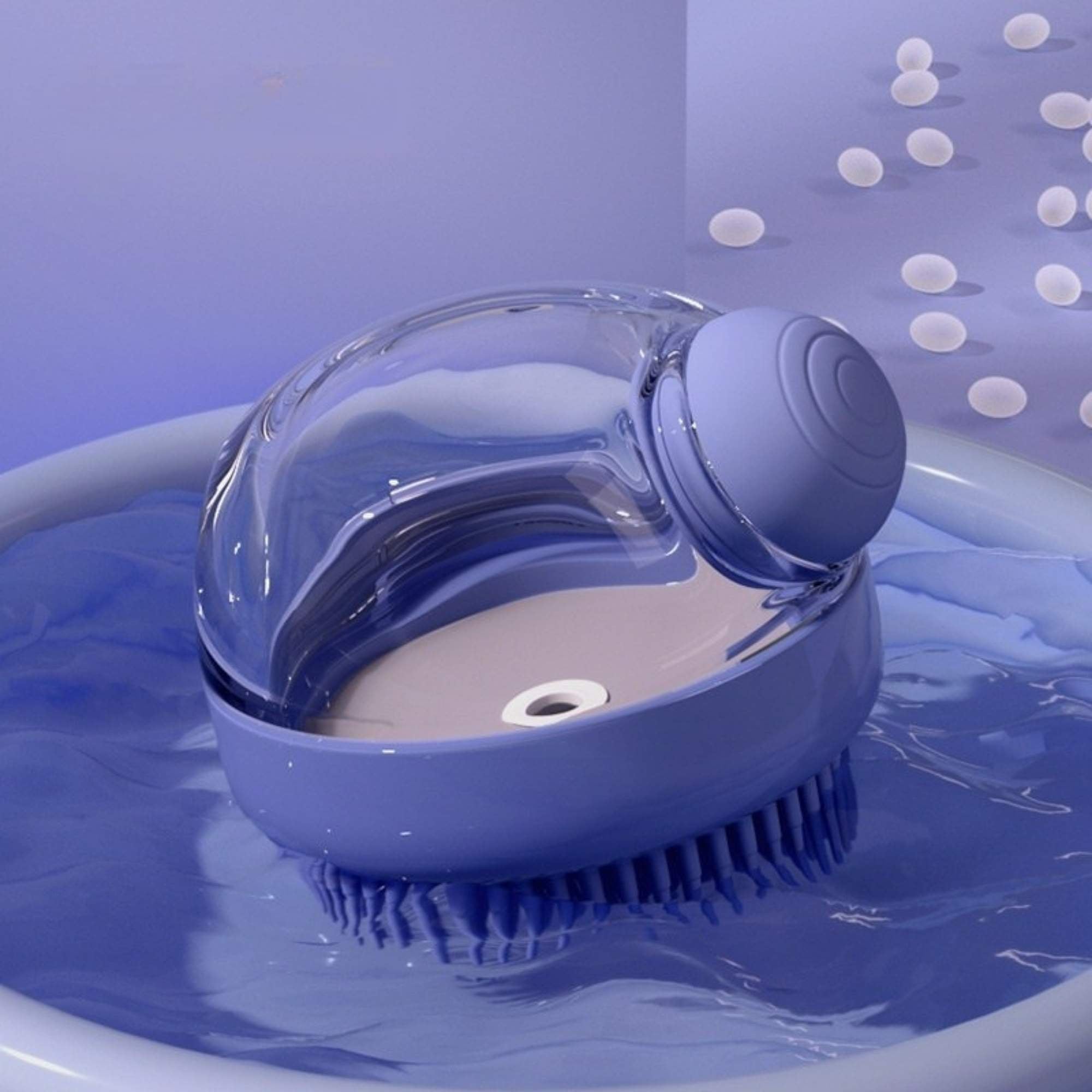 Blue silicone cat and dog bath brush with built-in shampoo dispenser.