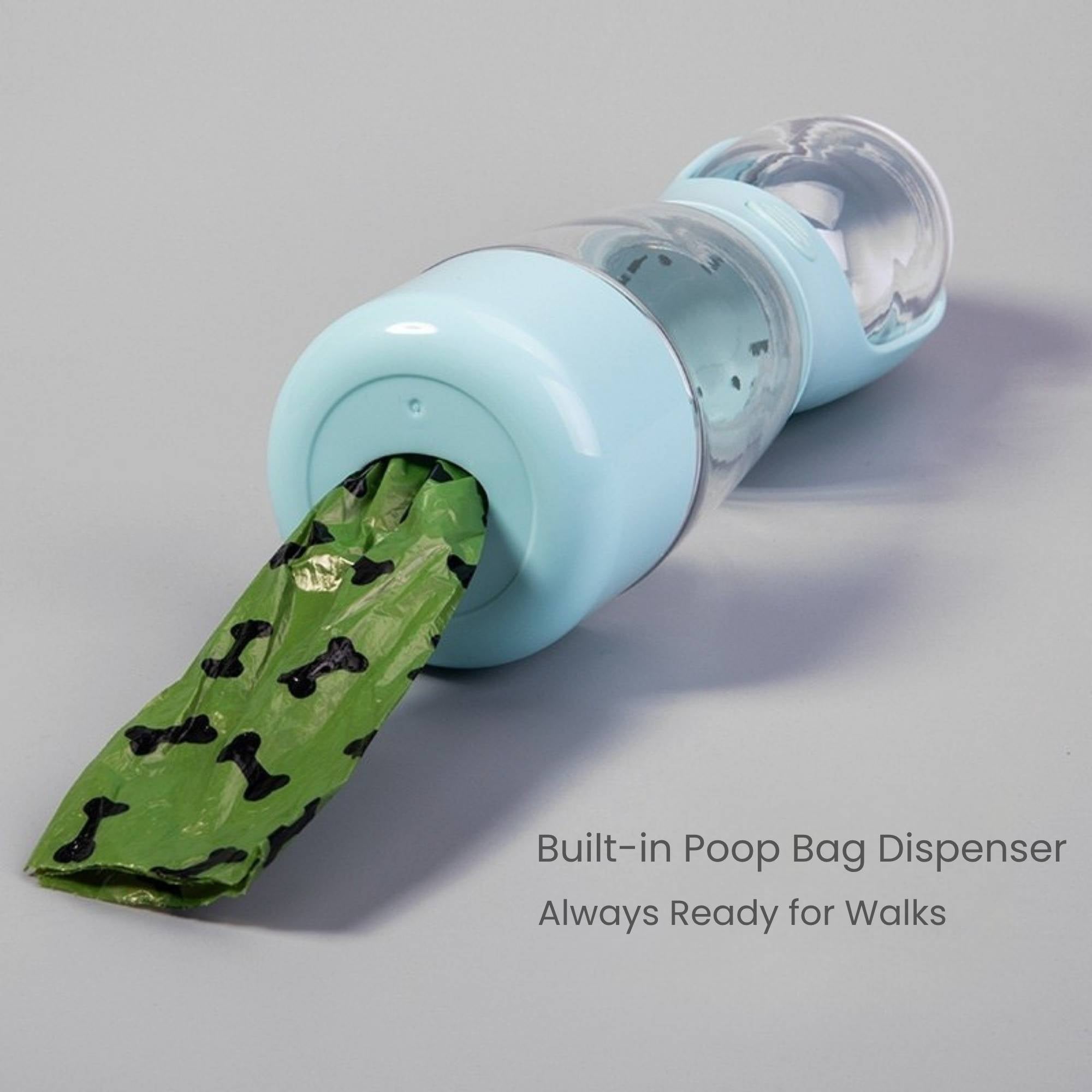 Portable dog and cat travel bottle with a built-in poop bag dispenser for everyday walks.