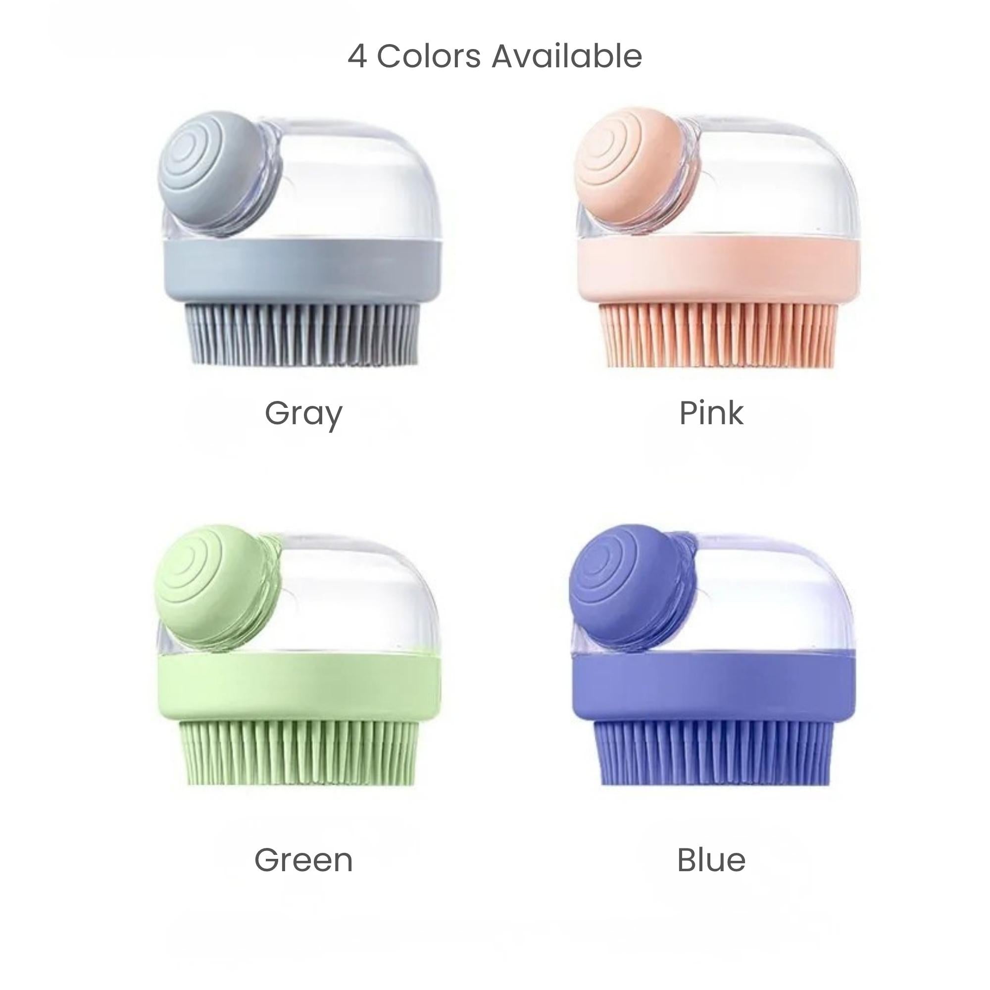 Color options for the silicone shampoo dispensing bath brush for cats and dogs, available in gray, pink, green, and blue.