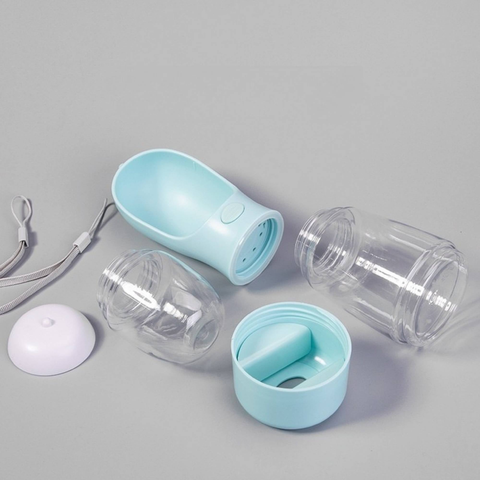 Portable travel bottle for dogs and cats with detachable parts for quick cleaning and easy maintenance.