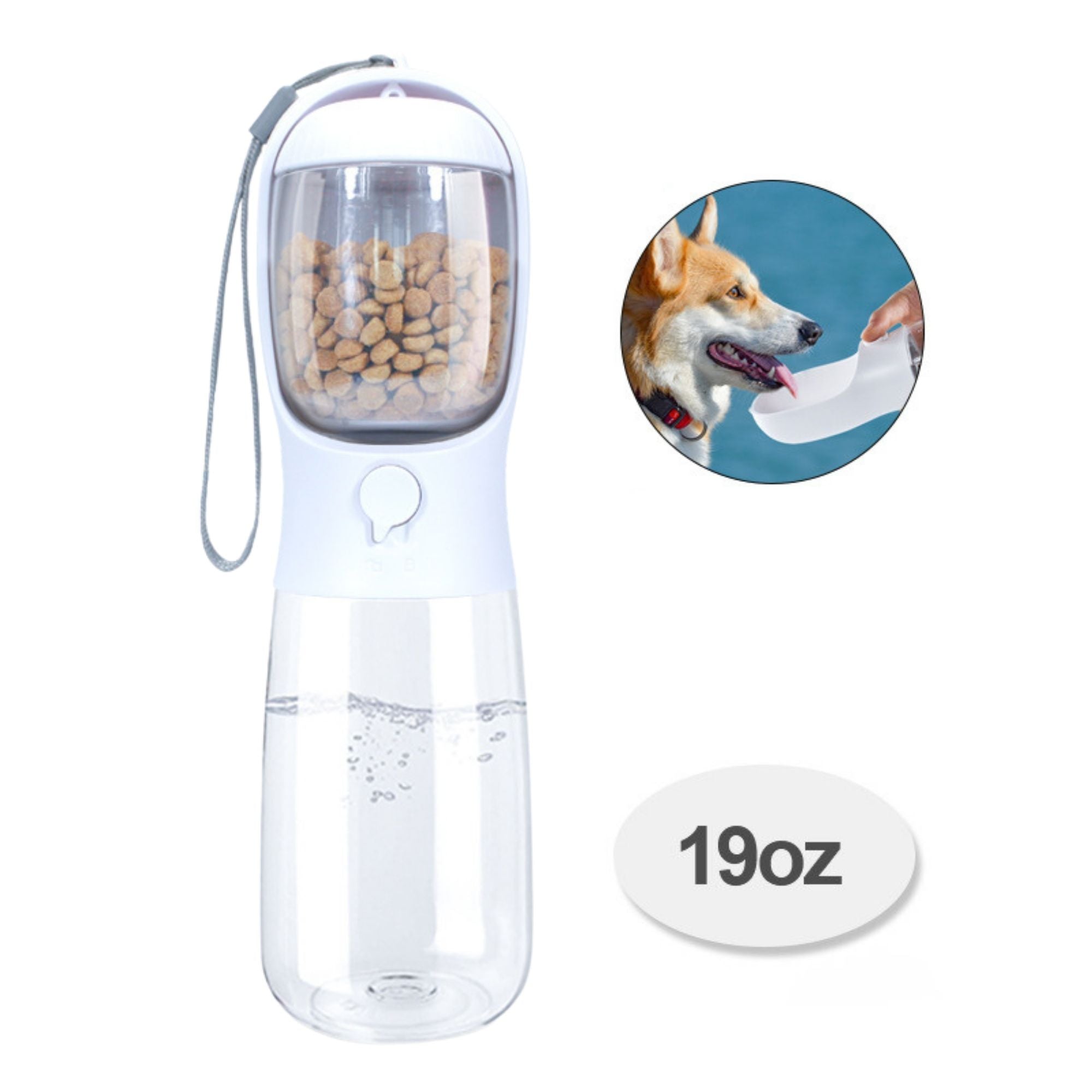 White 2-in-1 portable water and food bottle for dogs and cats with 19 fl oz water capacity.
