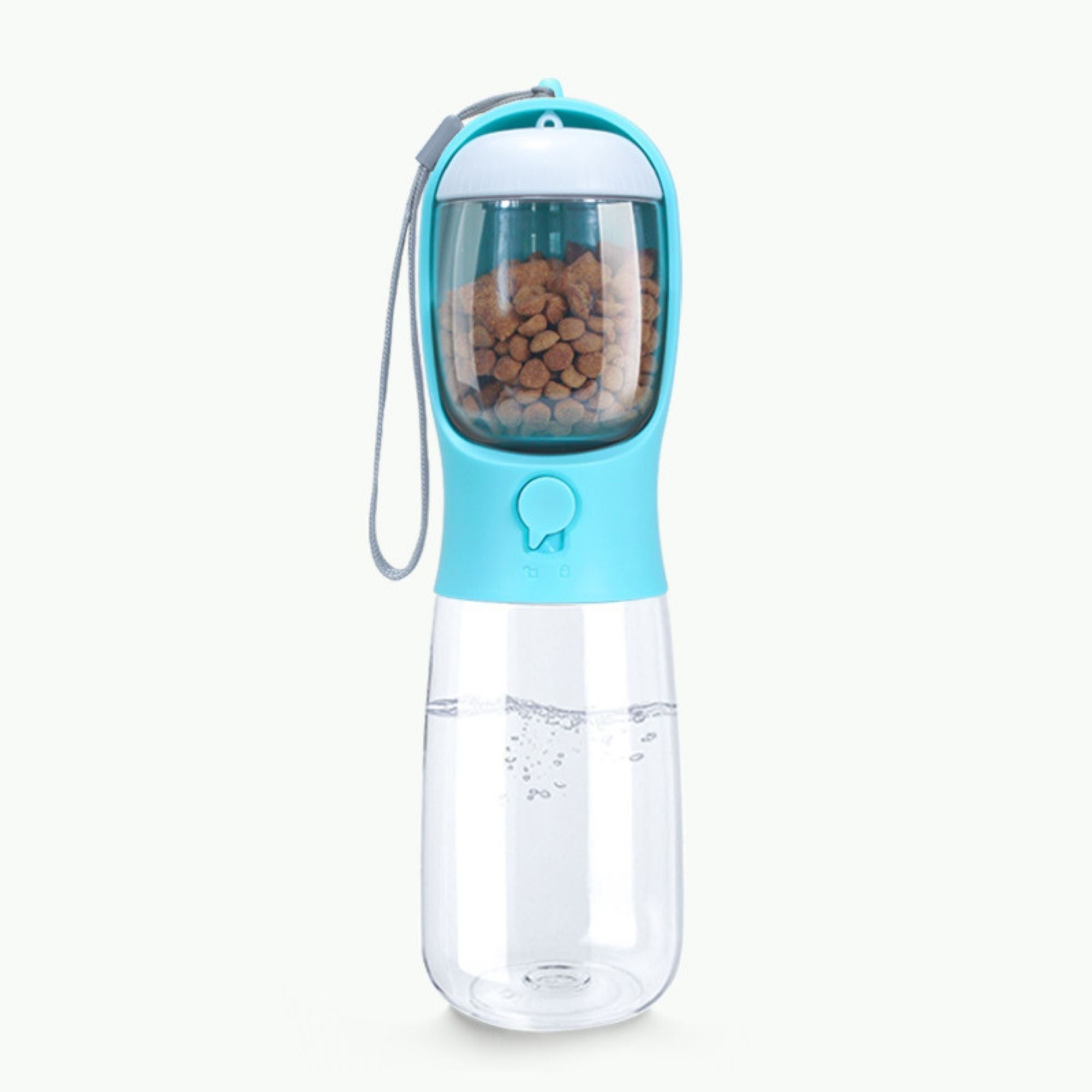 Blue 2-in-1 portable water and food bottle for dogs and cats, front view on white background.