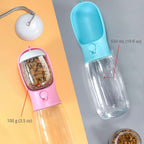 Dog and cat 2-in-1 water and food bottle with 550 mL (19 fl oz) water capacity and 100 g (3.5 oz) food storage.