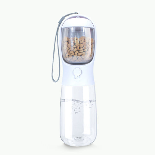 Front view of a 2-in-1 portable water and food bottle for dogs and cats.