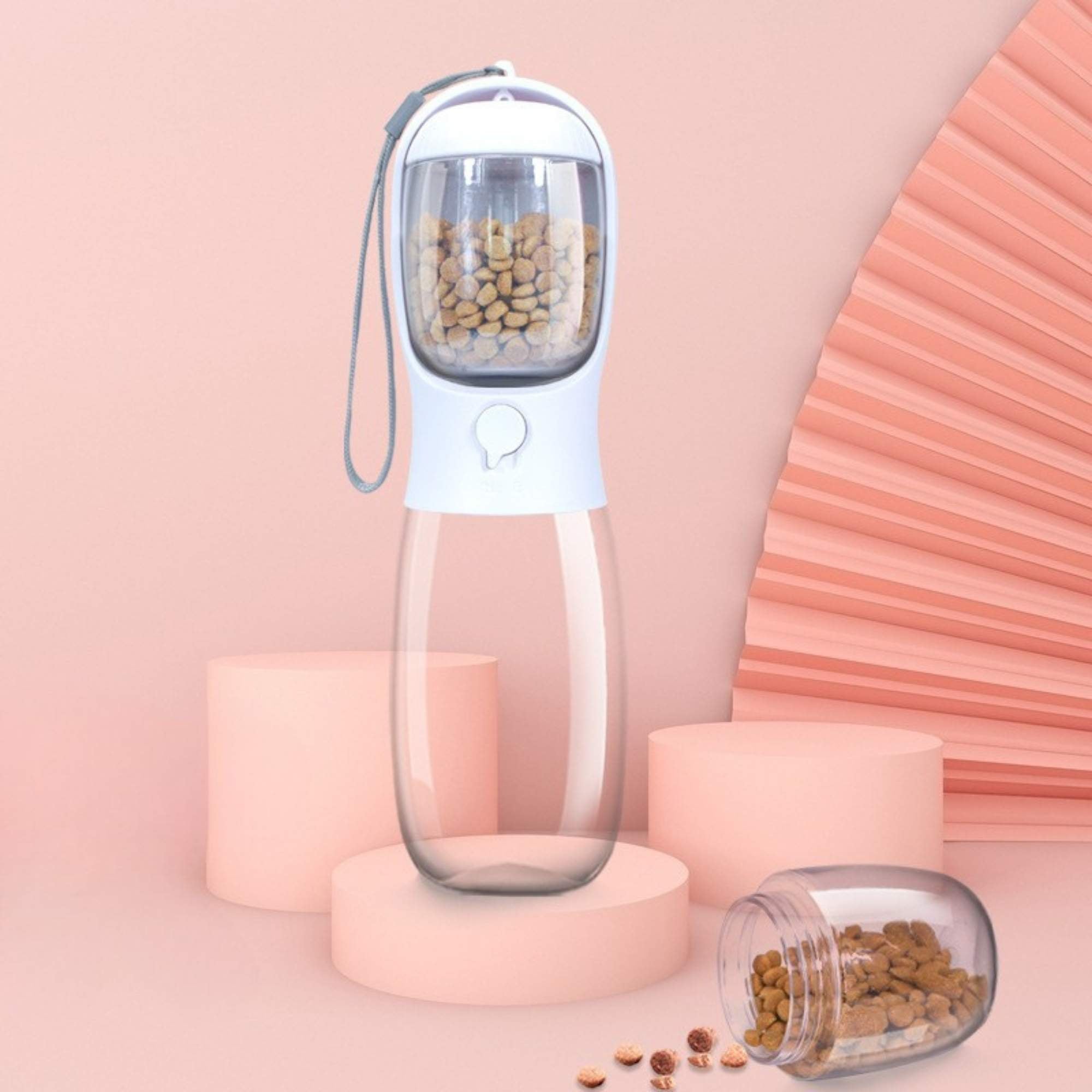 2-in-1 portable water and food bottle for dogs and cats displayed in a modern lifestyle setting.