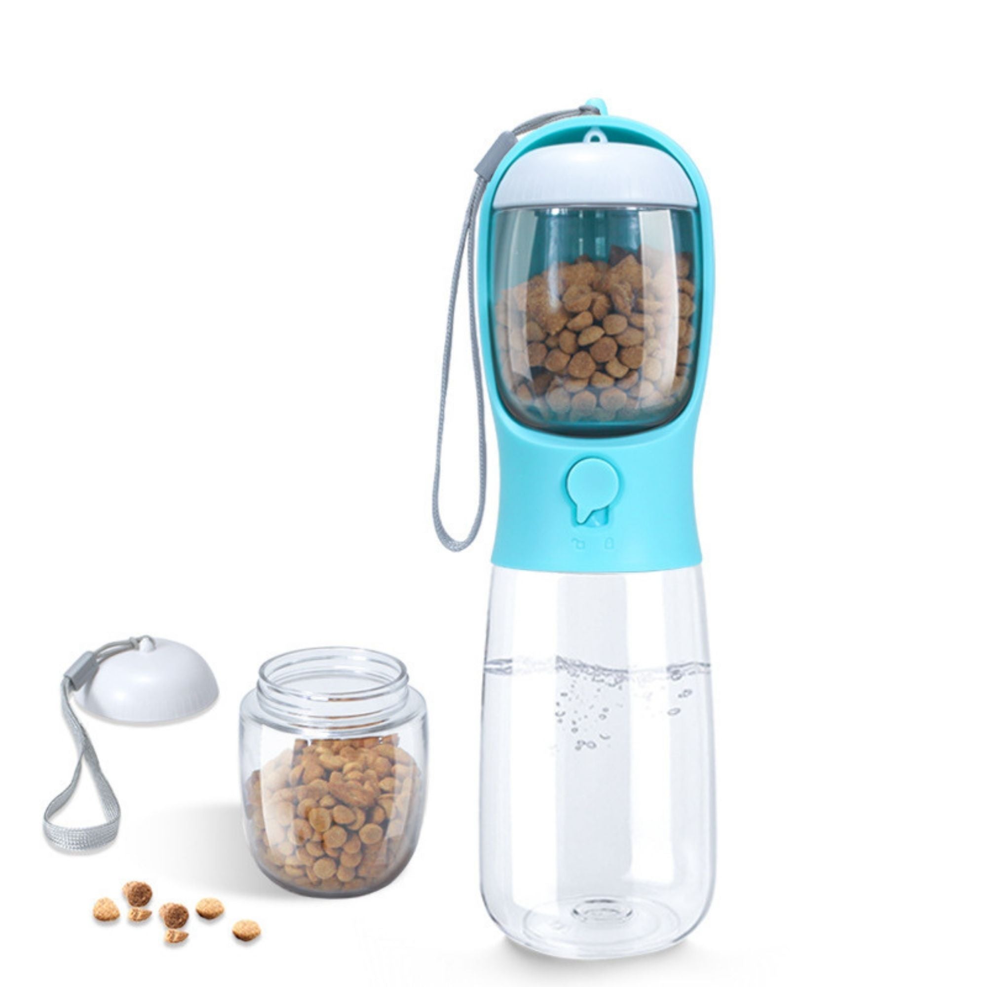 2-in-1 portable water and food bottle for dogs and cats with removable food container