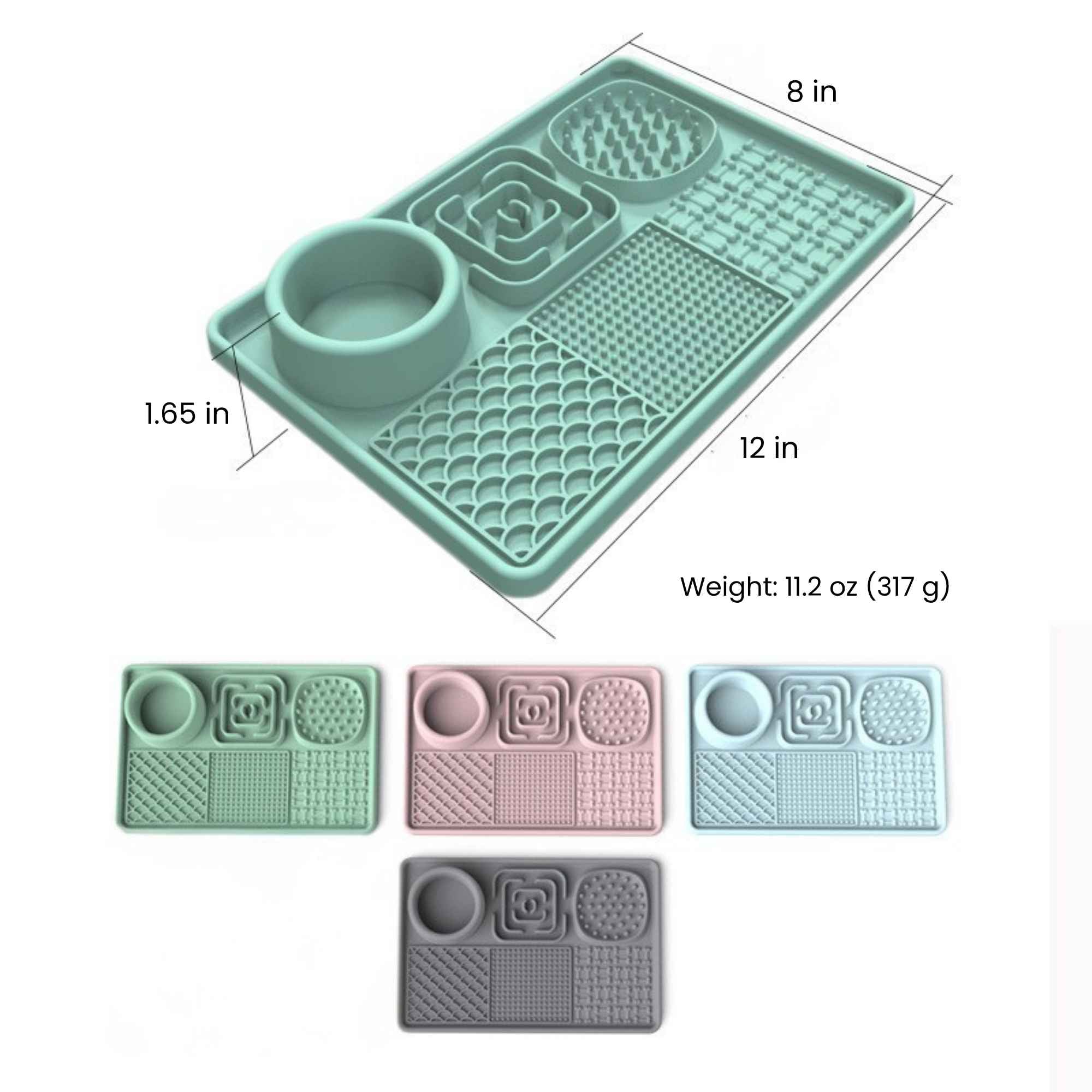 Size guide for the dog & cat silicone lick mat feeding tray in green, showing 12 × 8 × 1.65 in dimensions and 11.2 oz (317 g) weight.