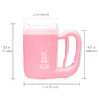 Pink dog and cat paw cleaner showing overall product dimensions in inches and centimeters.