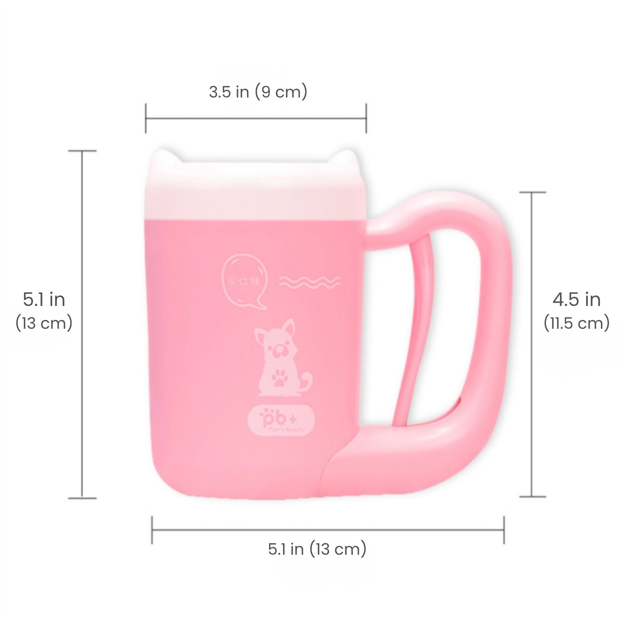 Pink dog and cat paw cleaner showing overall product dimensions in inches and centimeters.