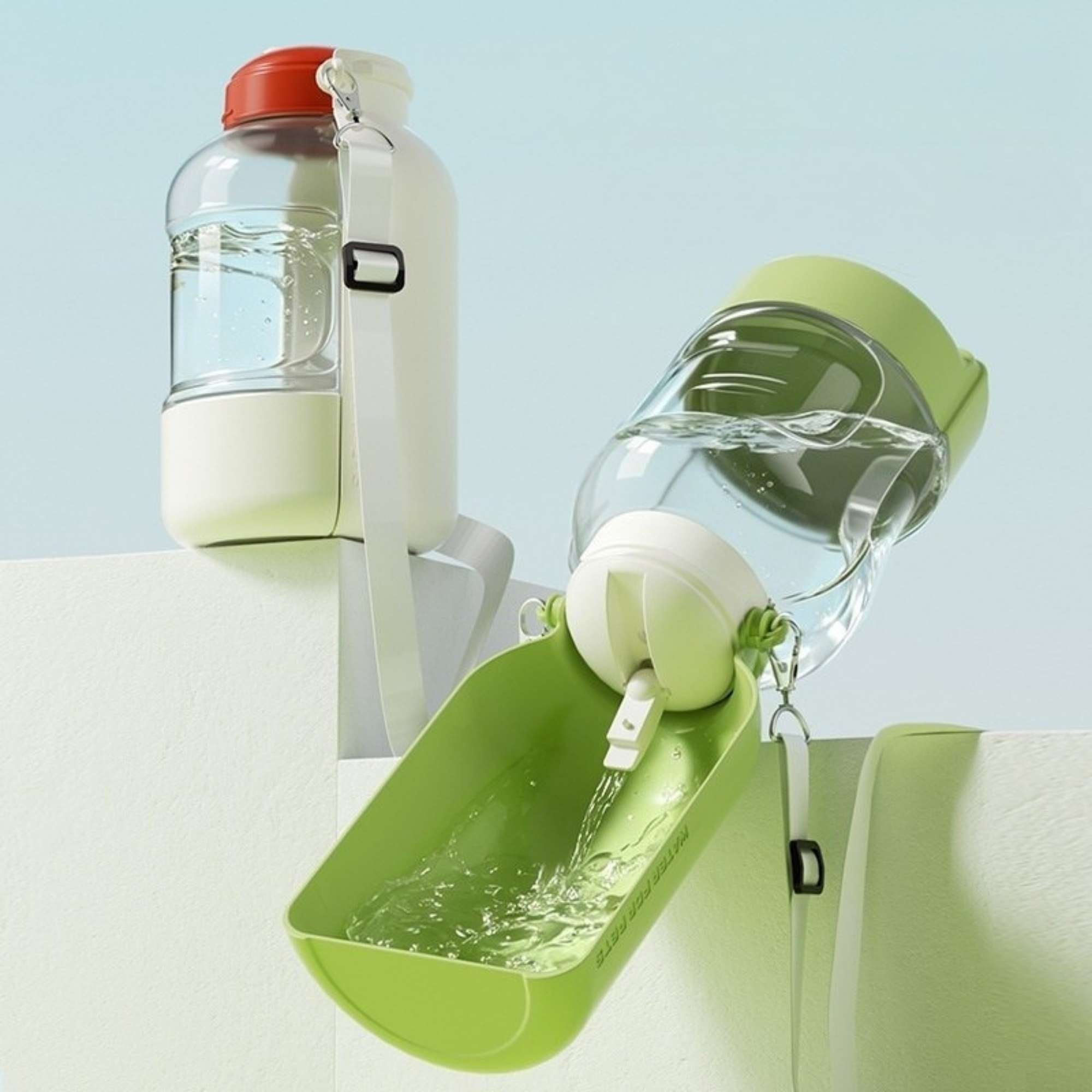 Portable dog and cat water and food bottle with built-in drinking bowl shown in use from multiple angles.