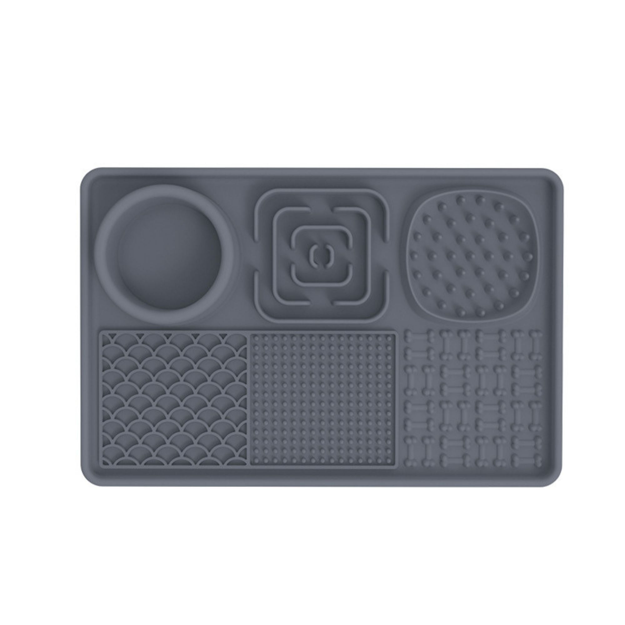 Gray rectangular silicone lick mat feeding tray for dogs and cats with an integrated food bowl and multiple textured licking surfaces.