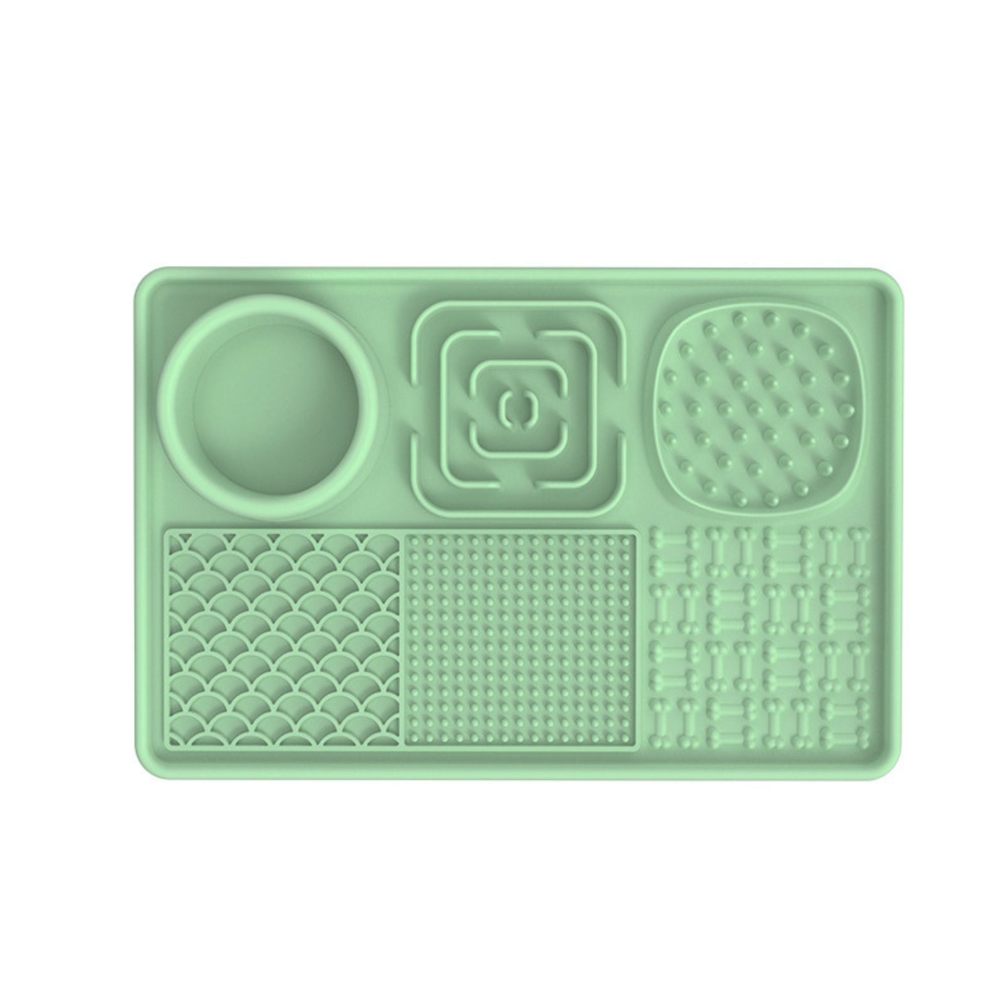 Green rectangular silicone lick mat feeding tray for dogs and cats with an integrated food bowl and multiple textured licking surfaces.