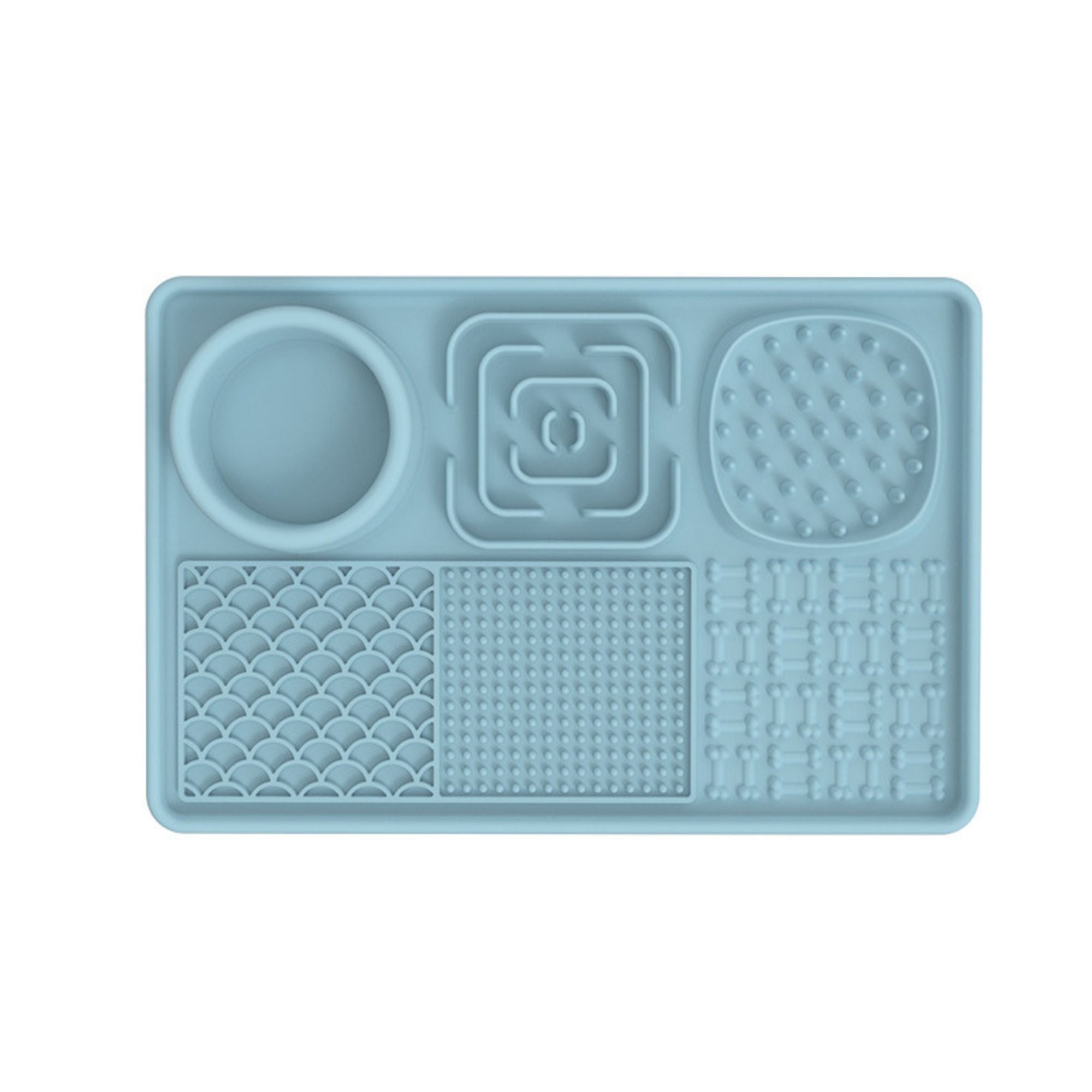 Sky blue rectangular silicone lick mat feeding tray for dogs and cats with an integrated food bowl and multiple textured licking surfaces.