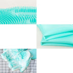 Close-up of soft silicone bristles, flexible silicone material, and rich foam on grooming gloves.
