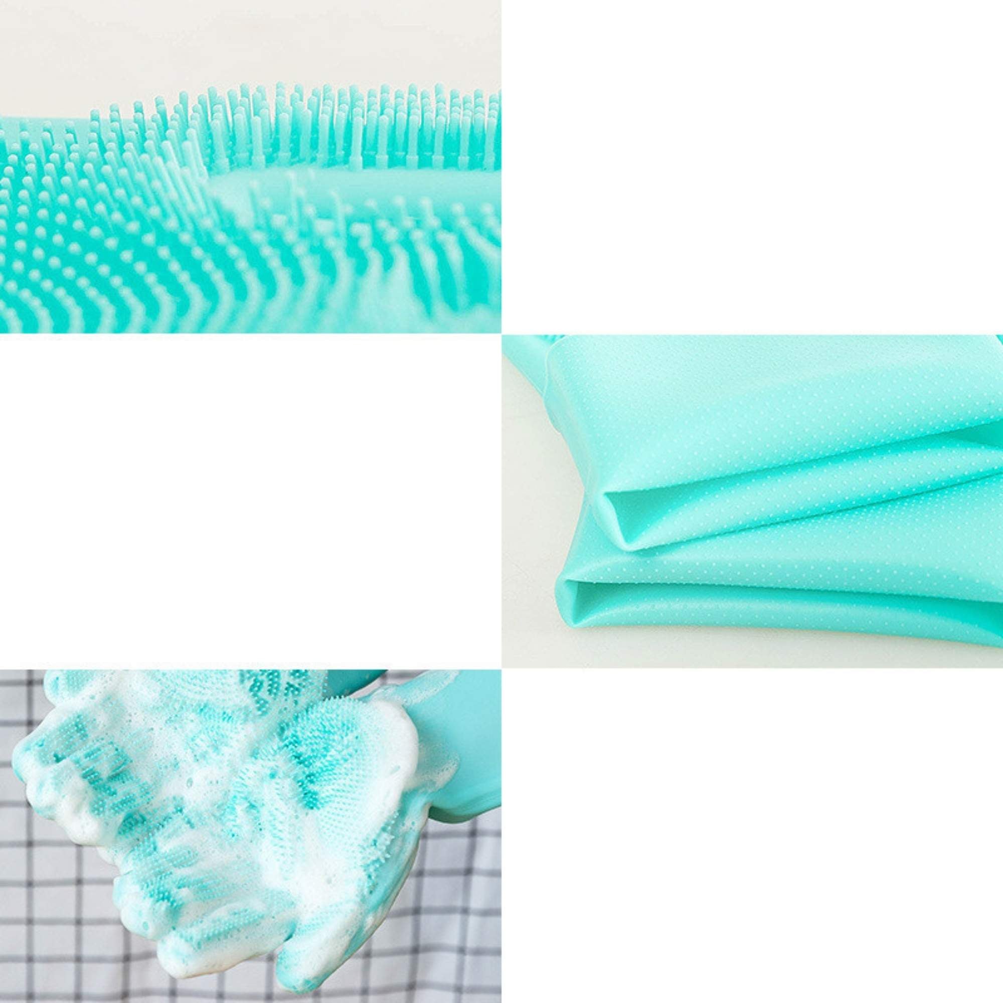 Close-up of soft silicone bristles, flexible silicone material, and rich foam on grooming gloves.