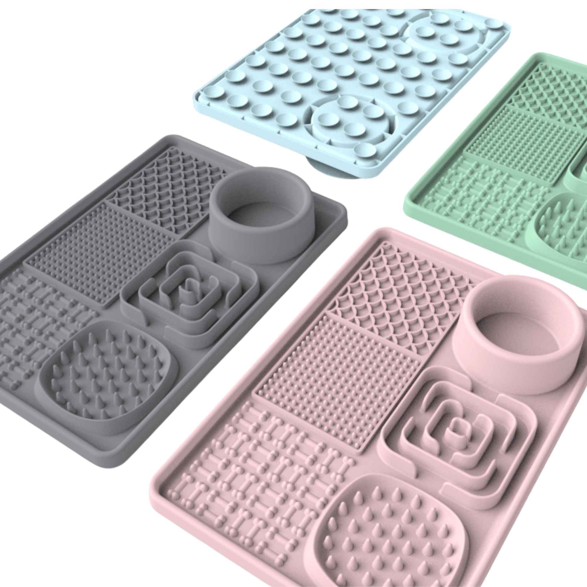 Color options for the dog & cat silicone lick mat feeding tray, available in green, pink, sky blue, and gray.