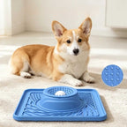 Silicone slow feeder bowl and lick mat with suction cup base for dogs and cats in a home setting.