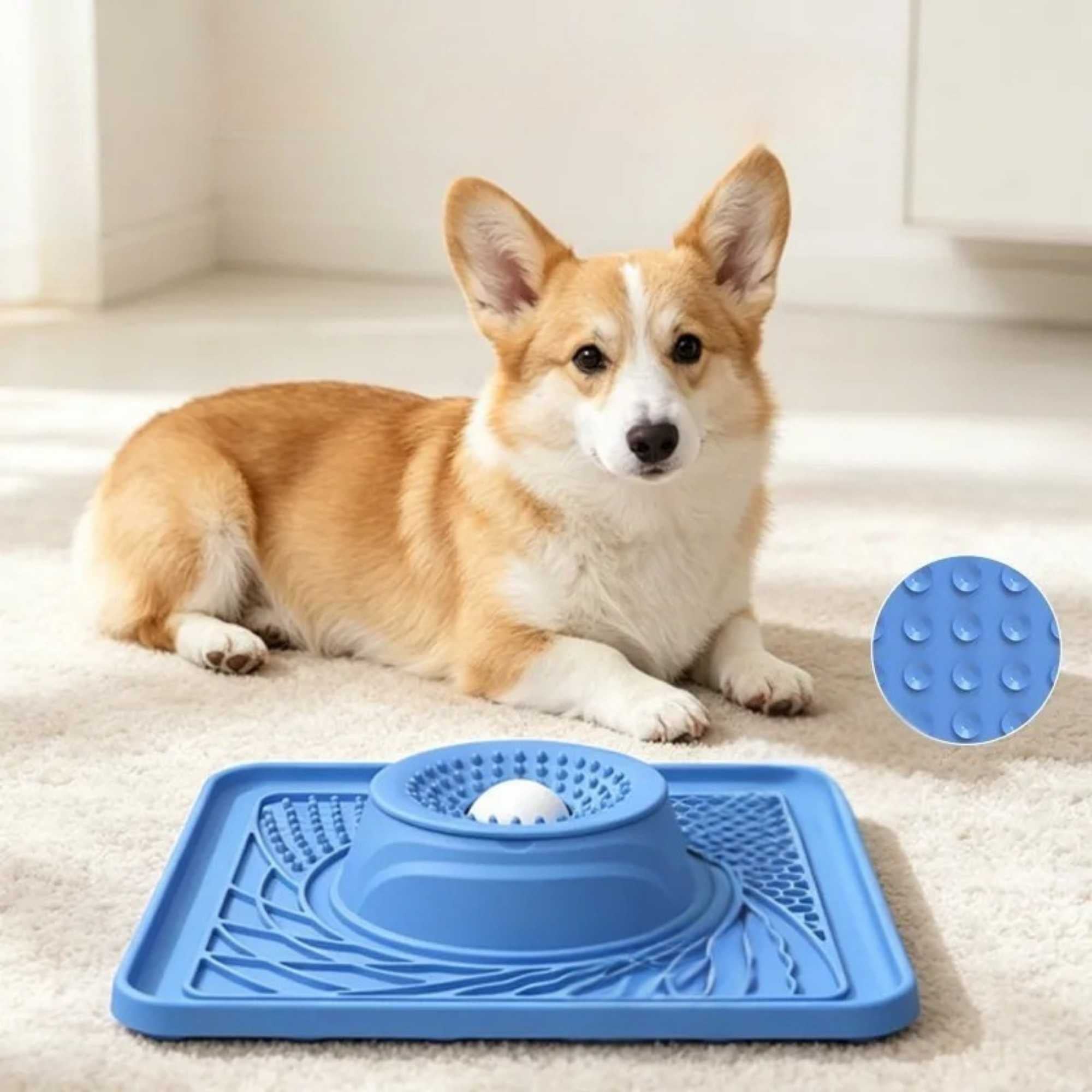 Silicone slow feeder bowl and lick mat with suction cup base for dogs and cats in a home setting.