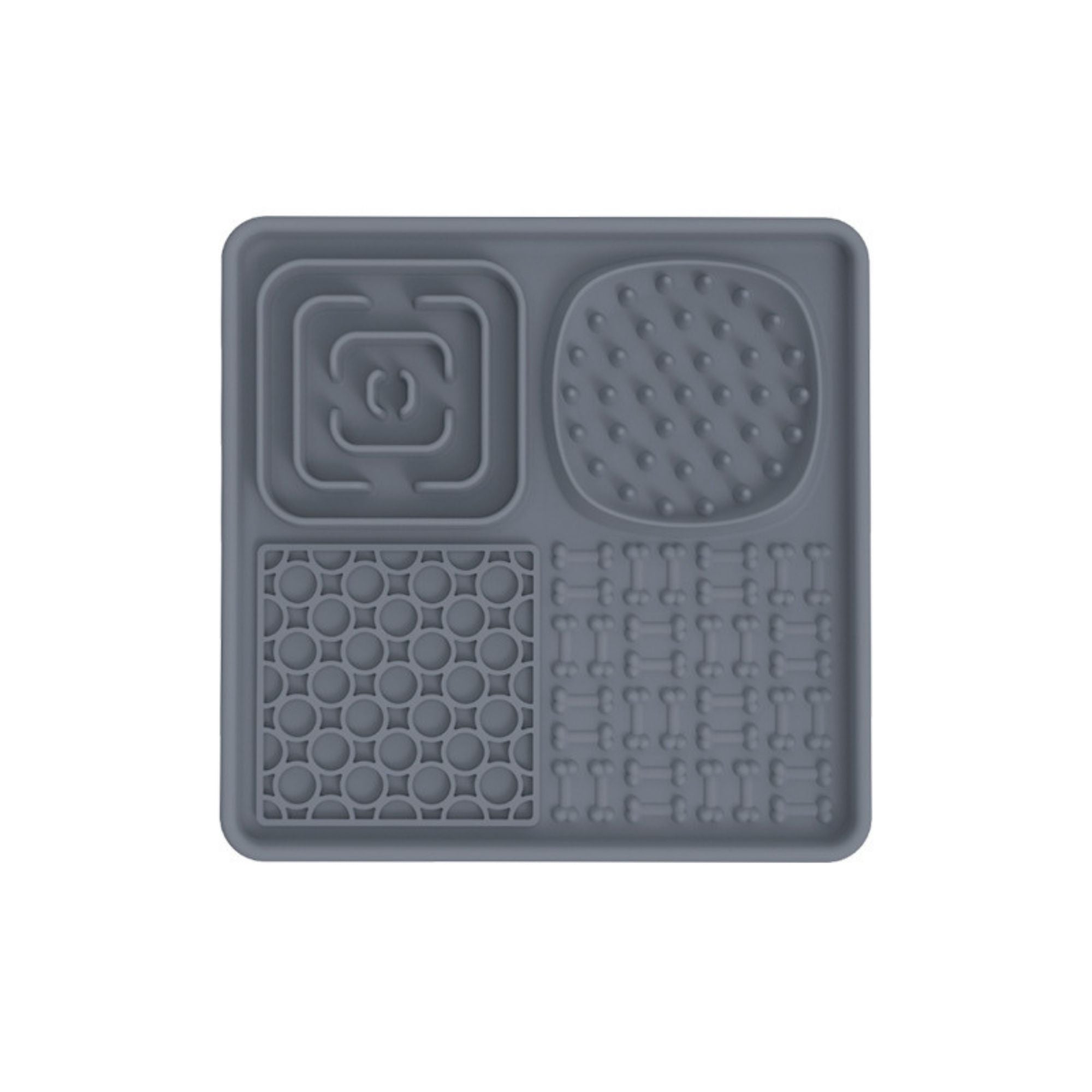 Gray square silicone lick mat for dogs and cats with four textured licking zones for slow feeding and enrichment.