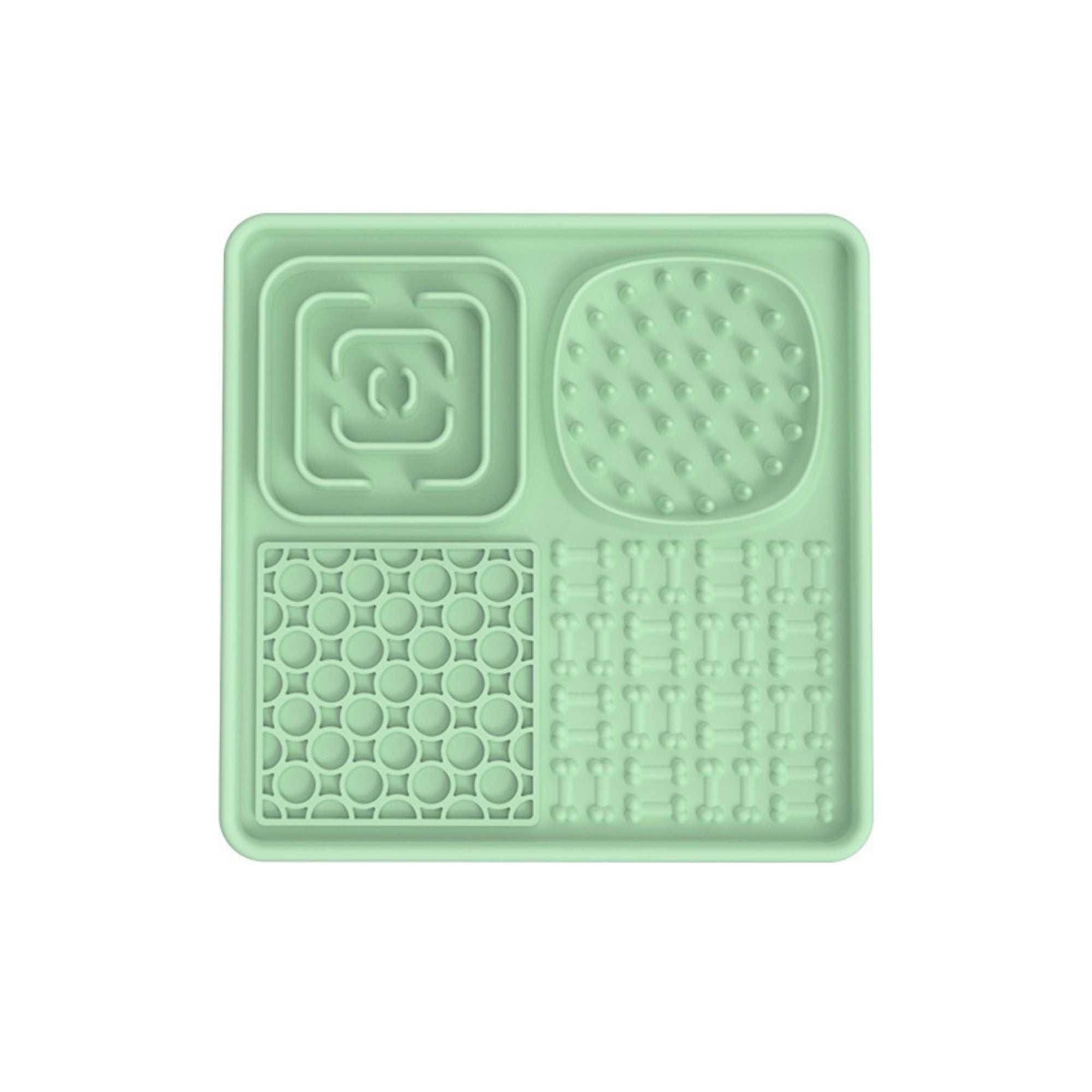 Green square silicone lick mat for dogs and cats with four textured licking zones for slow feeding and enrichment.