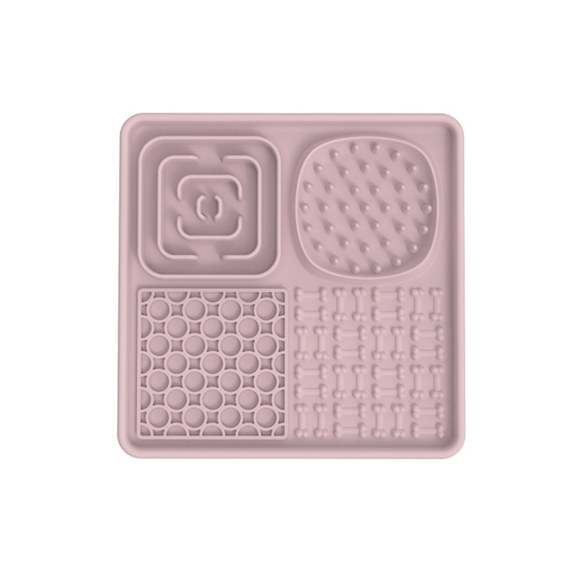 Pink square silicone lick mat for dogs and cats with four textured licking zones for slow feeding and enrichment.