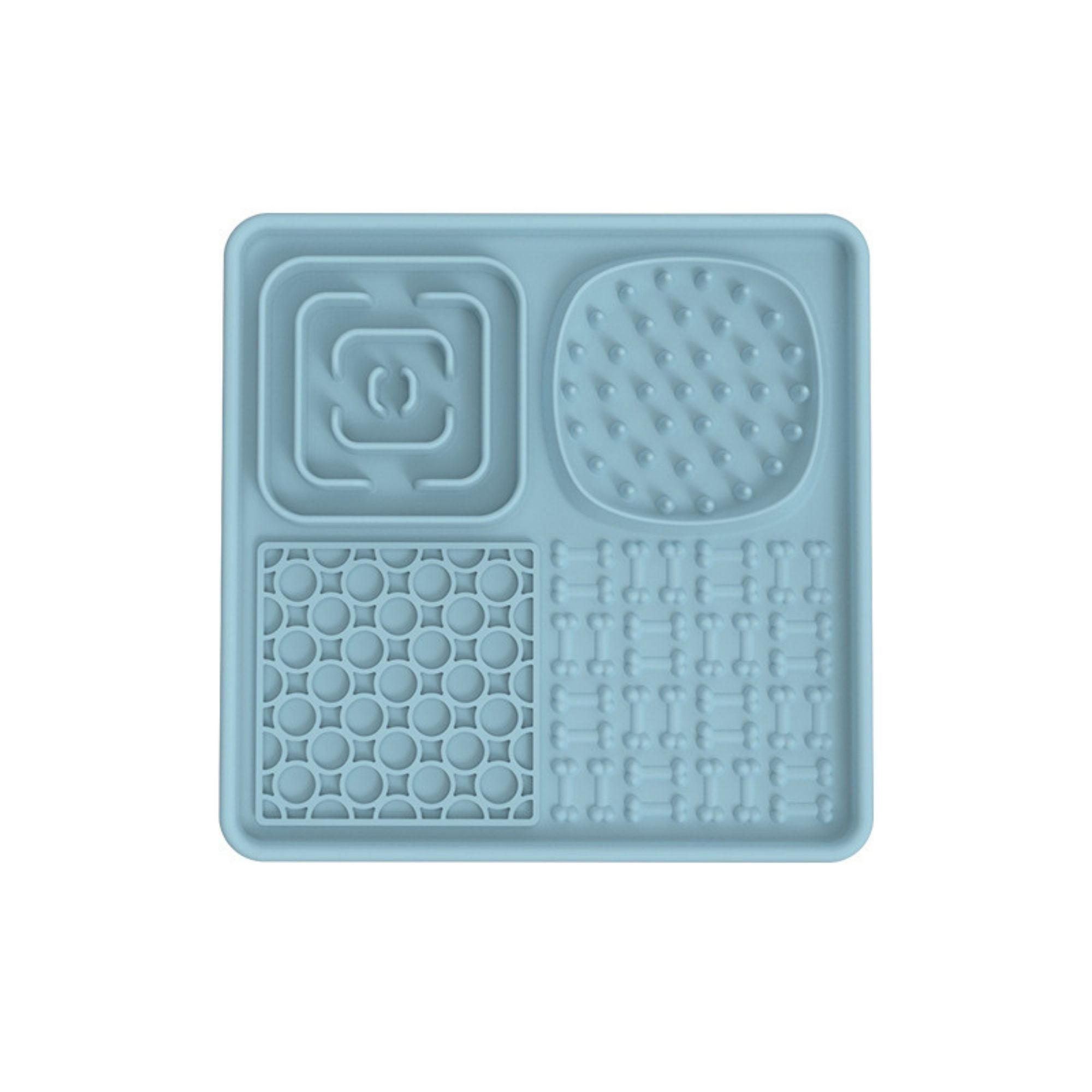 Sky blue square silicone lick mat for dogs and cats with four textured licking zones for slow feeding and enrichment.