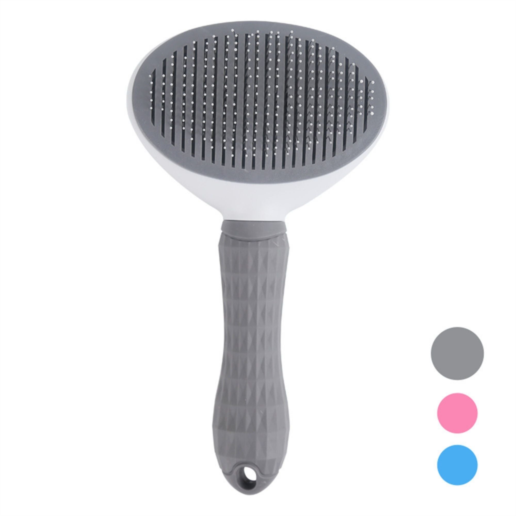 Gray oval pet slicker brush with fine needle pins.