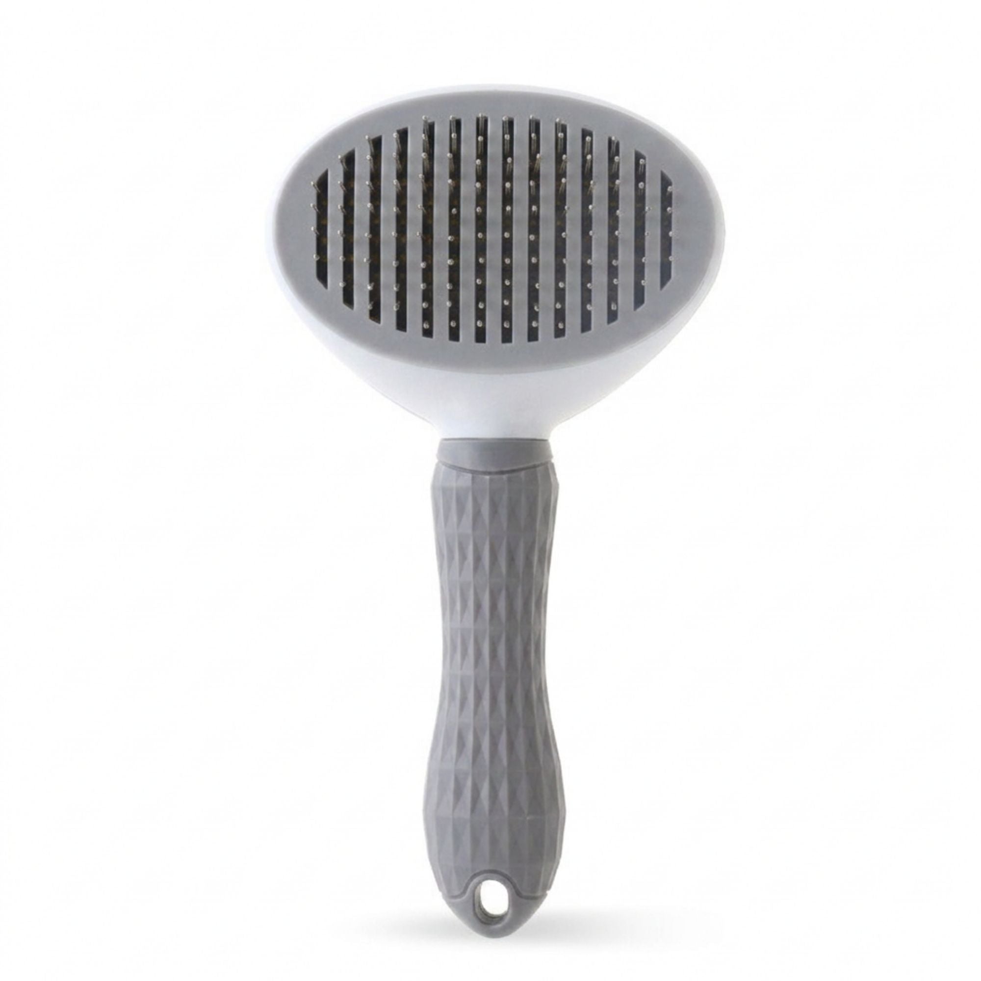 Gray oval self-cleaning pet slicker brush with thick stainless steel pins.
