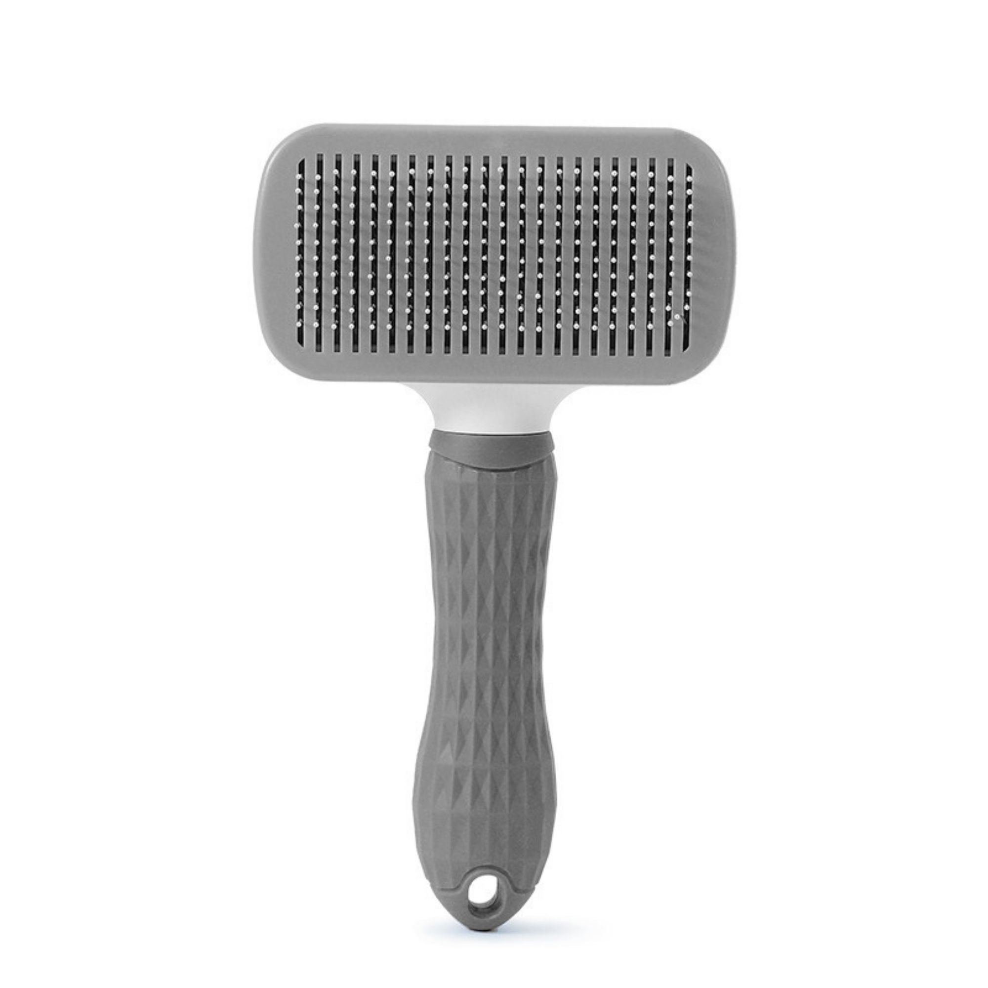 Gray rectangular pet slicker brush with fine needle pins.