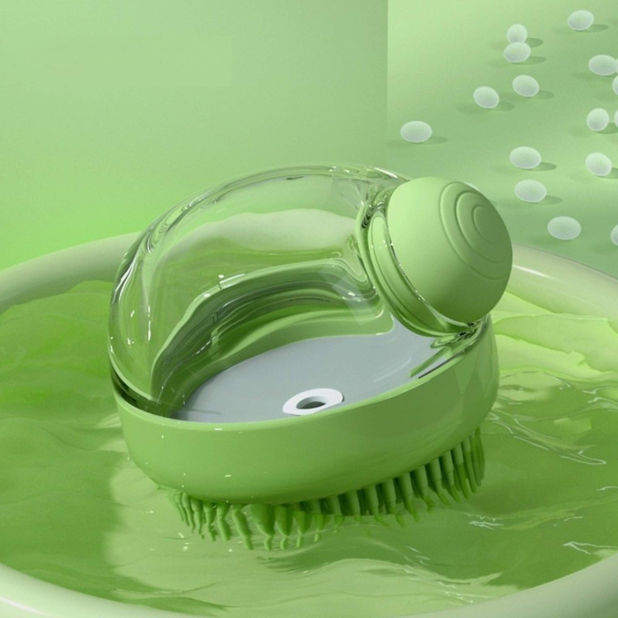 Green silicone bath brush with built-in shampoo dispenser for cats and dogs on a green display background