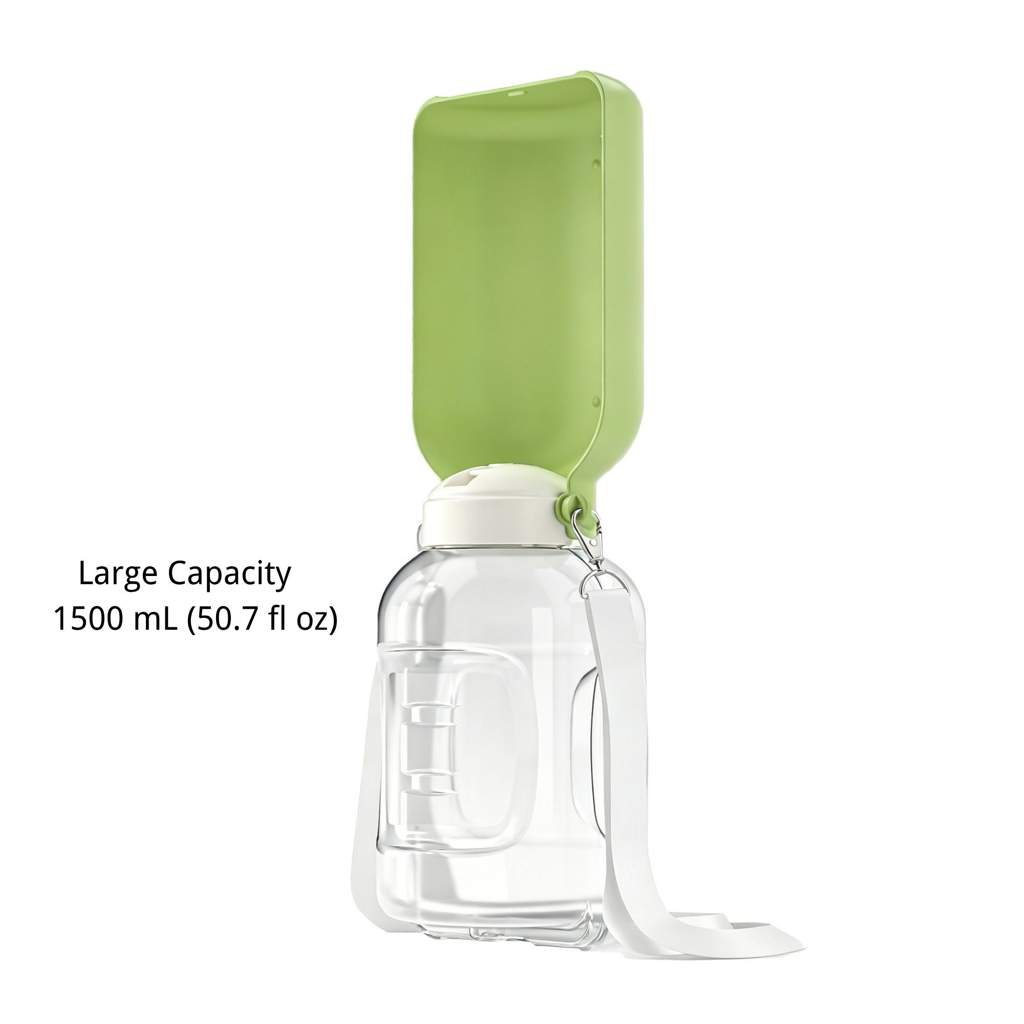 Large capacity portable dog and cat water and food bottle with 1500 mL (50.7 fl oz) capacity.