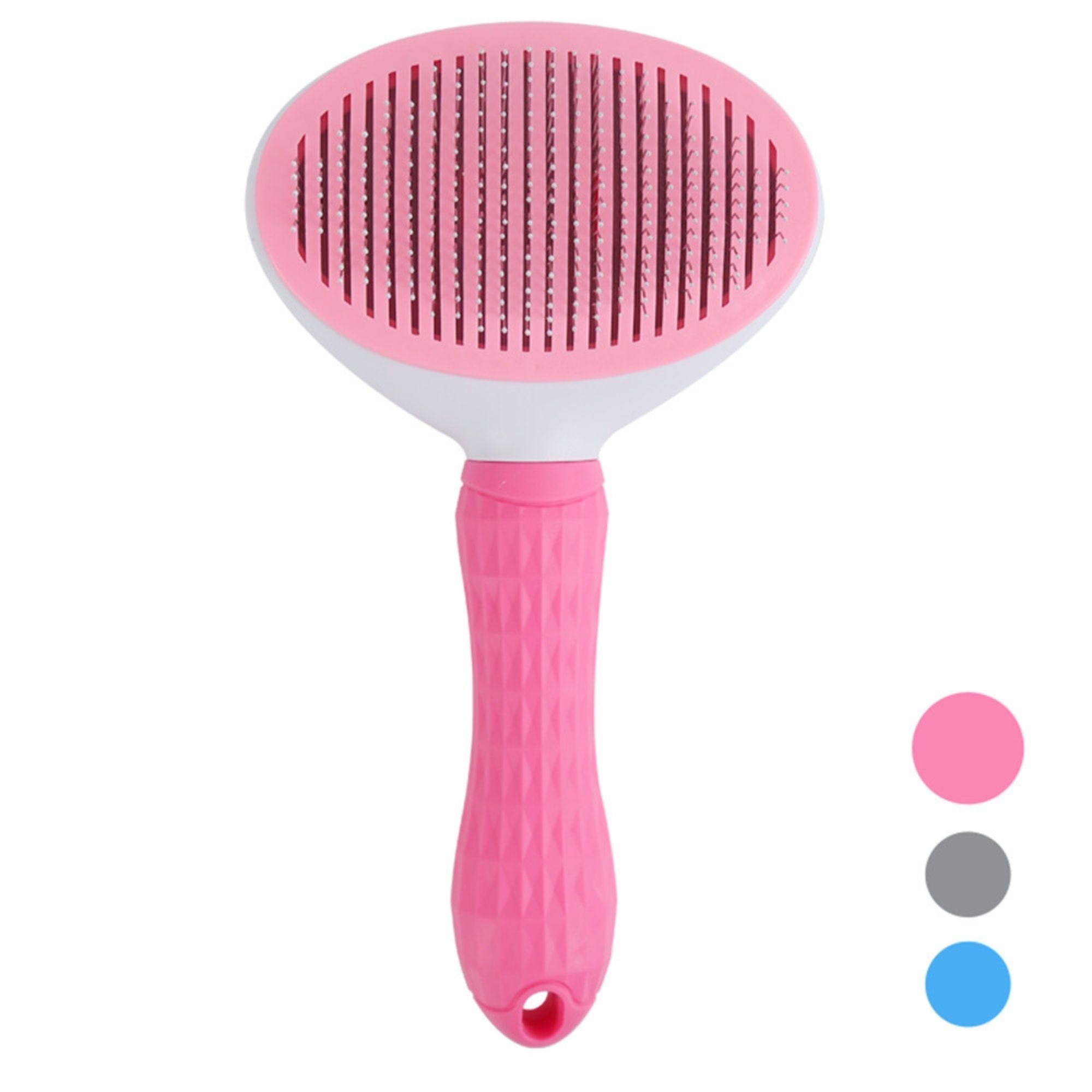 Pink oval pet slicker brush with fine stainless steel pins.