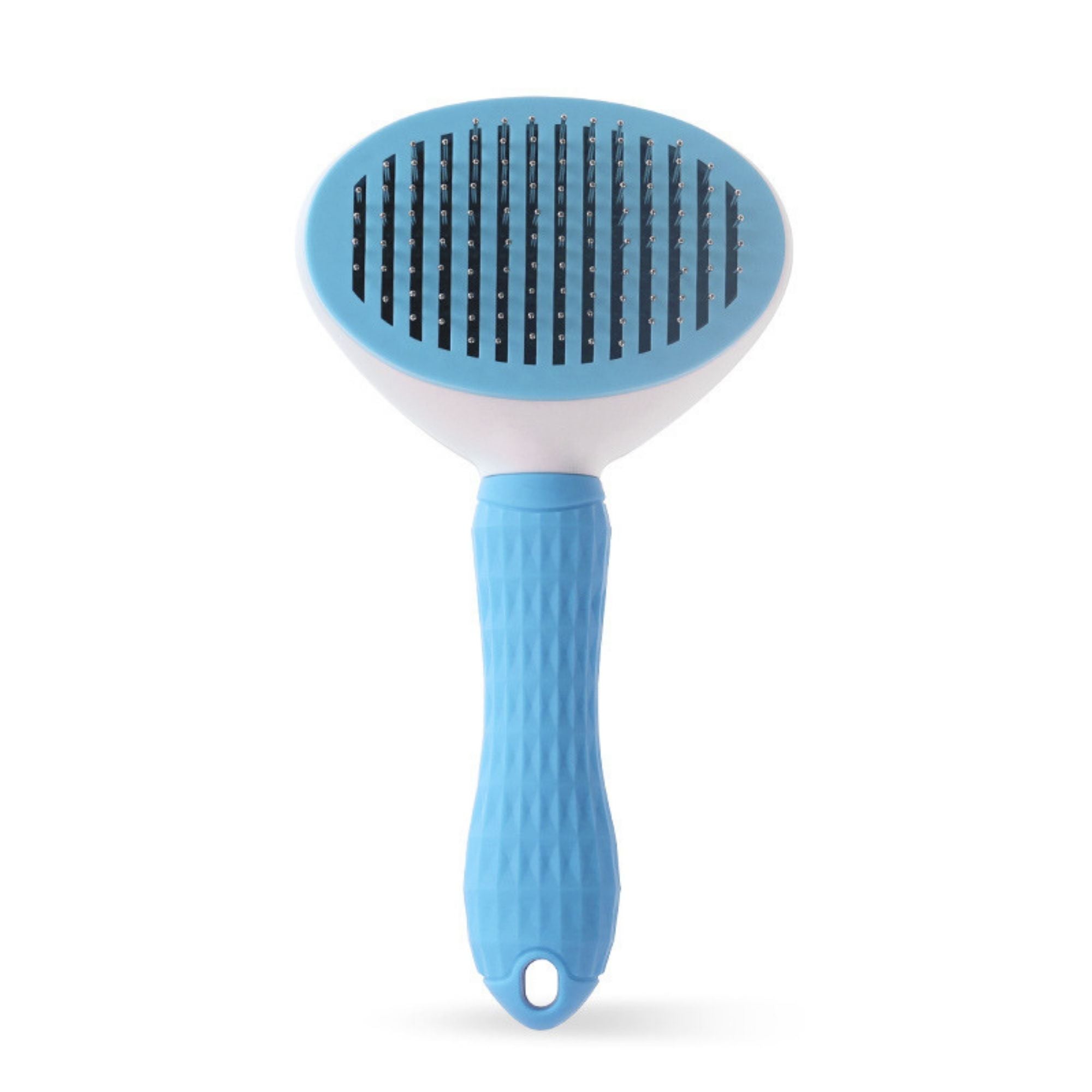 Blue oval pet slicker brush with thick stainless steel pins for removing loose fur and grooming dogs and cats.