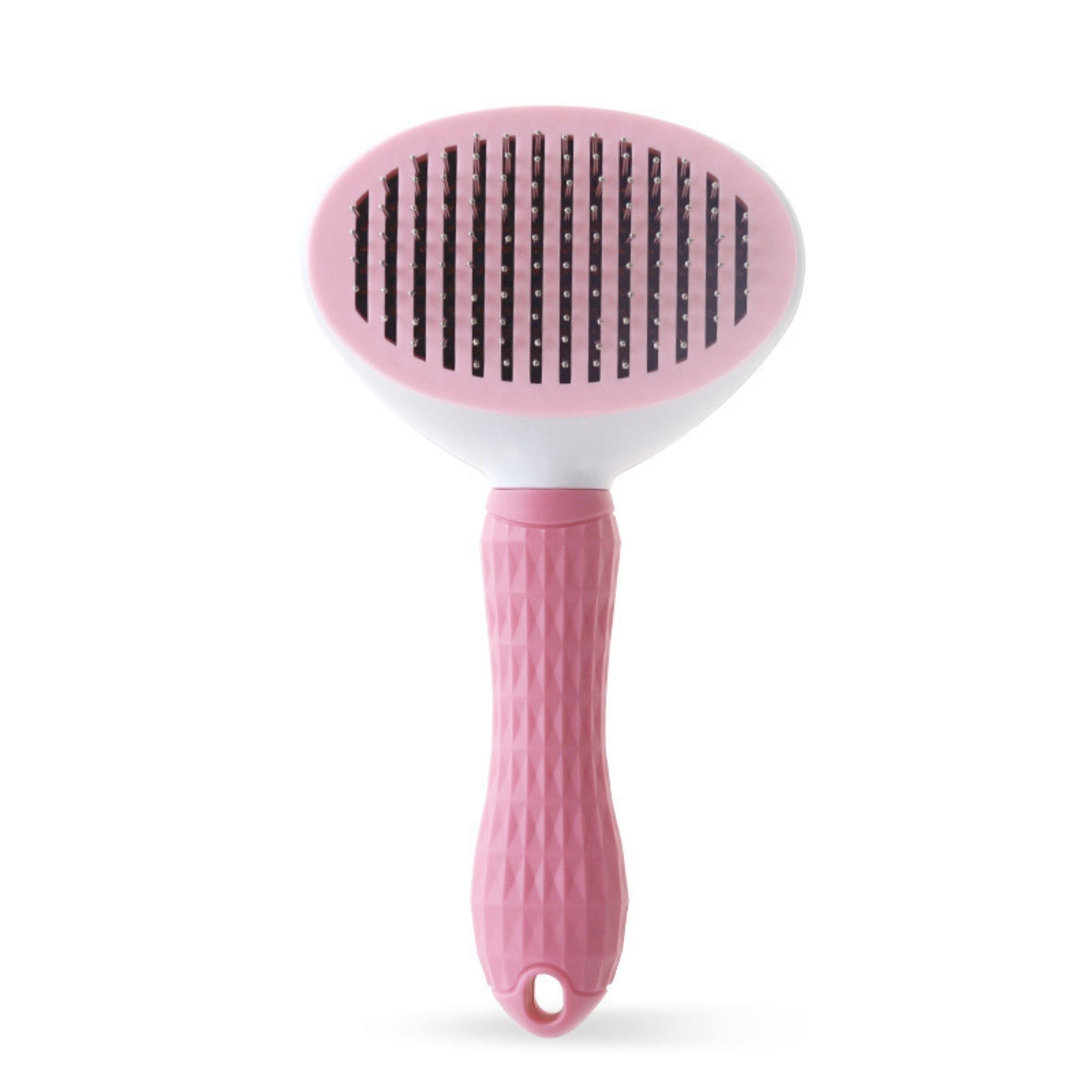 Pink oval pet slicker brush with thick stainless steel pins.