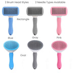 Pet slicker brush available in rectangle and oval brush heads with fine and thick needle options.