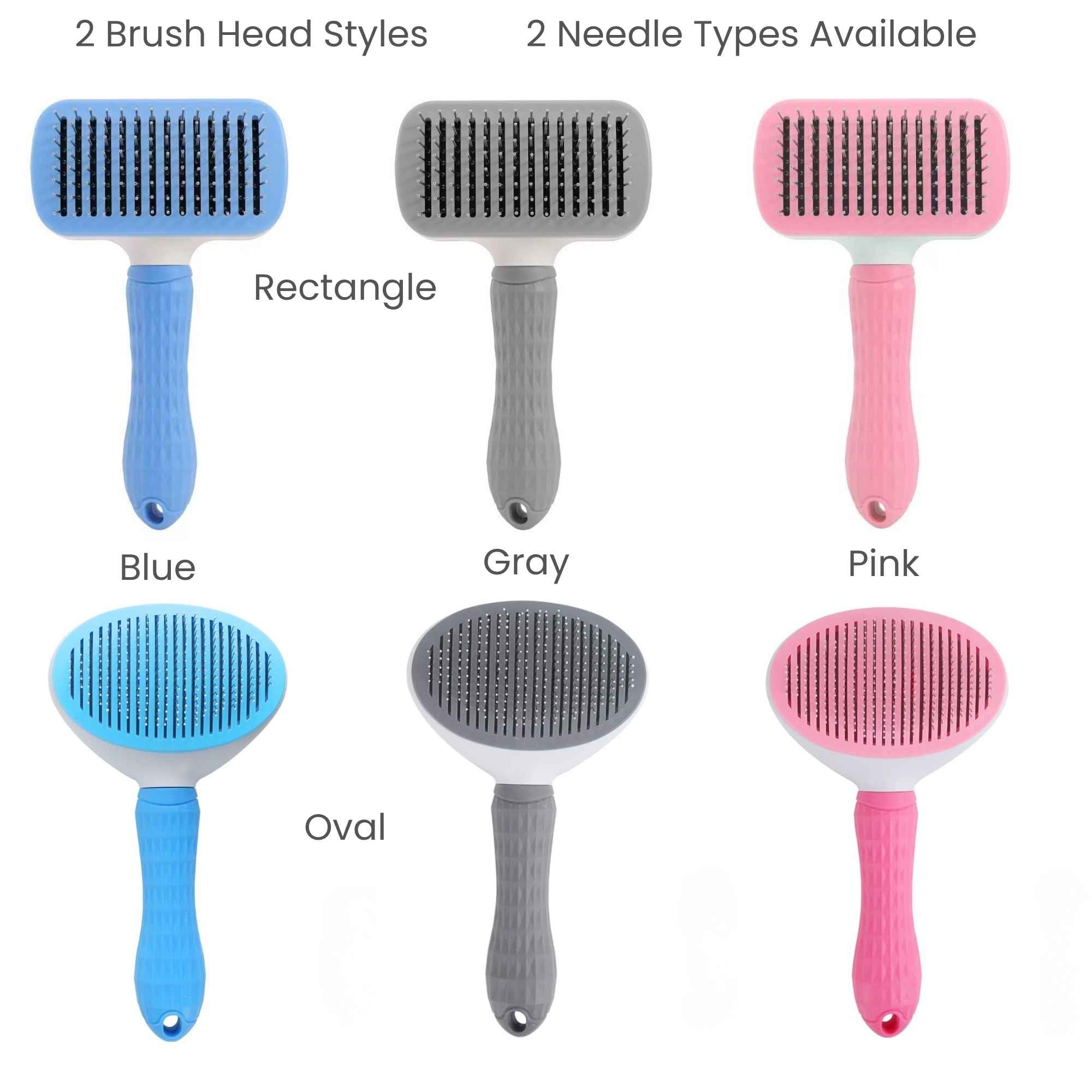 Pet slicker brush available in rectangle and oval brush heads with fine and thick needle options.