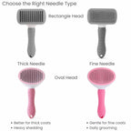 Comparison of thick needle and fine needle pet slicker brushes with rectangle and oval head options.