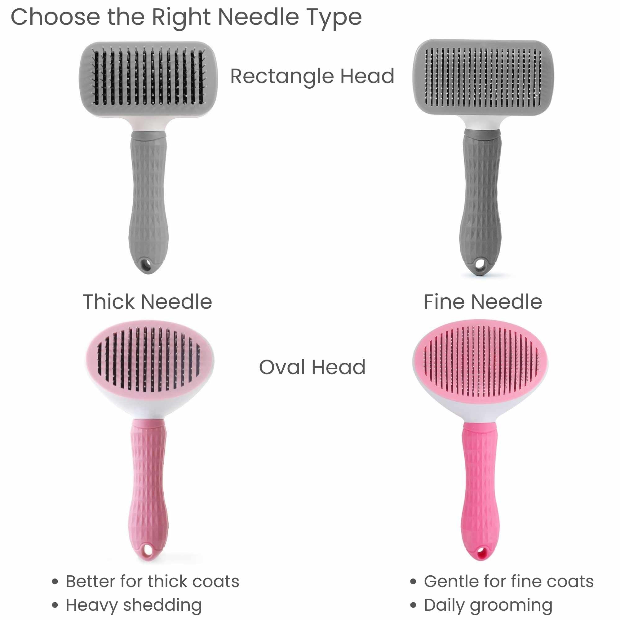 Comparison of thick needle and fine needle pet slicker brushes with rectangle and oval head options.
