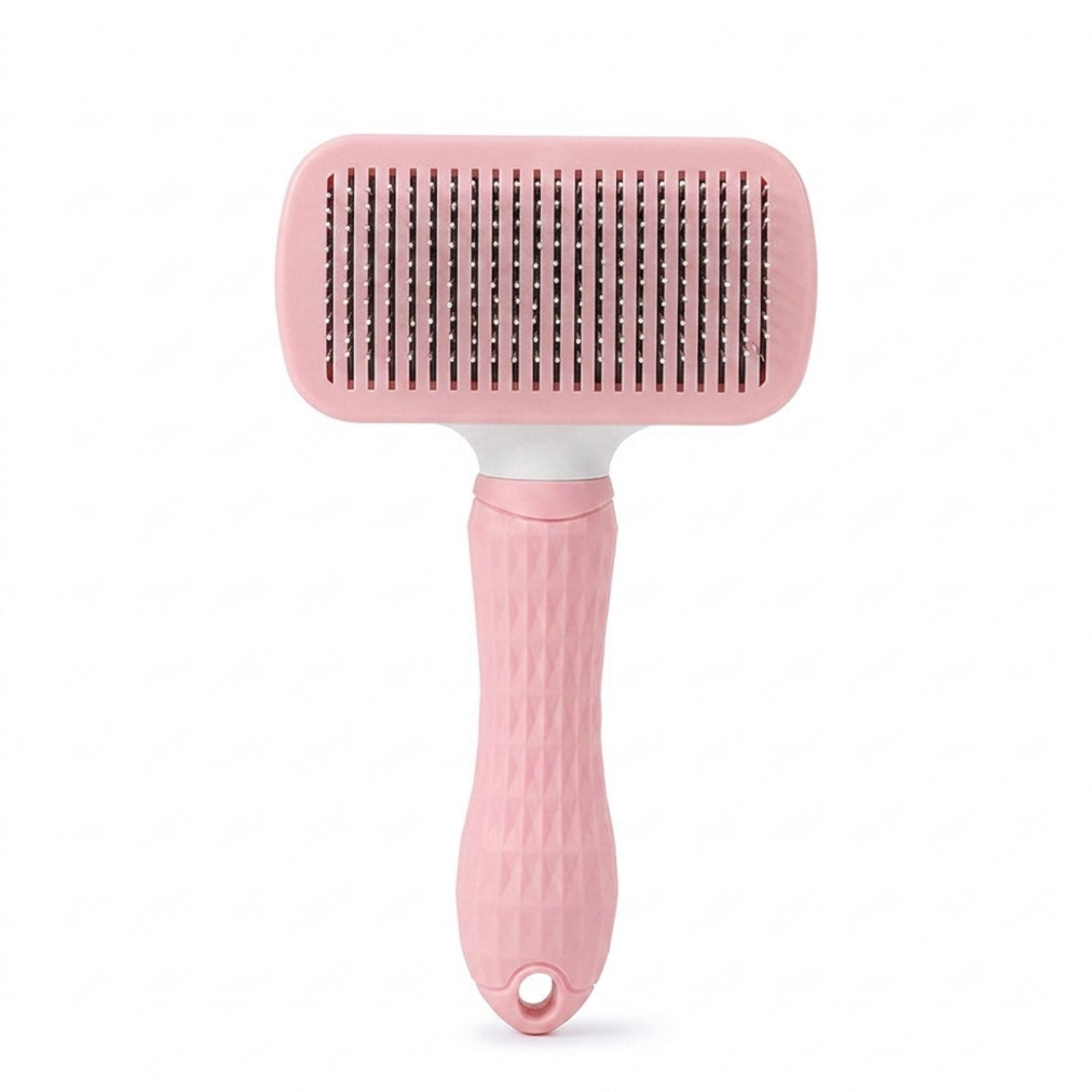 Pink rectangle self-cleaning slicker brush with fine stainless steel pins.