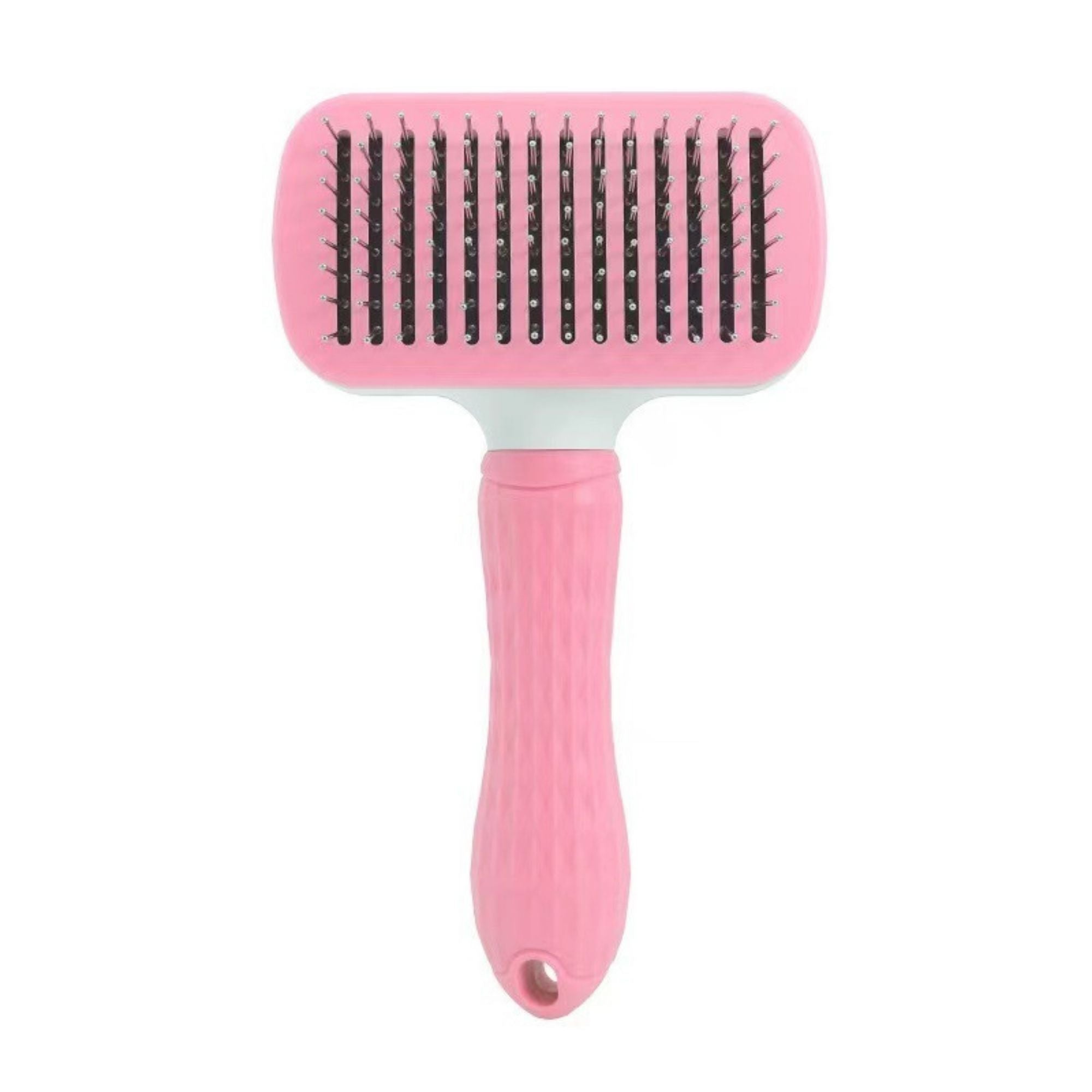 Pink rectangle self-cleaning slicker brush with thick stainless steel pins.